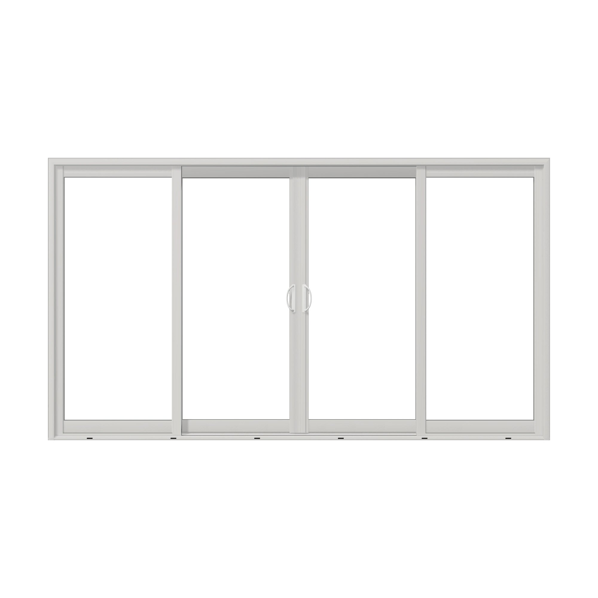 Straight exterior view of Capri 140.88 × 79.25 inch 4-Panel OLRO Vinyl Sliding Patio Door — White / White