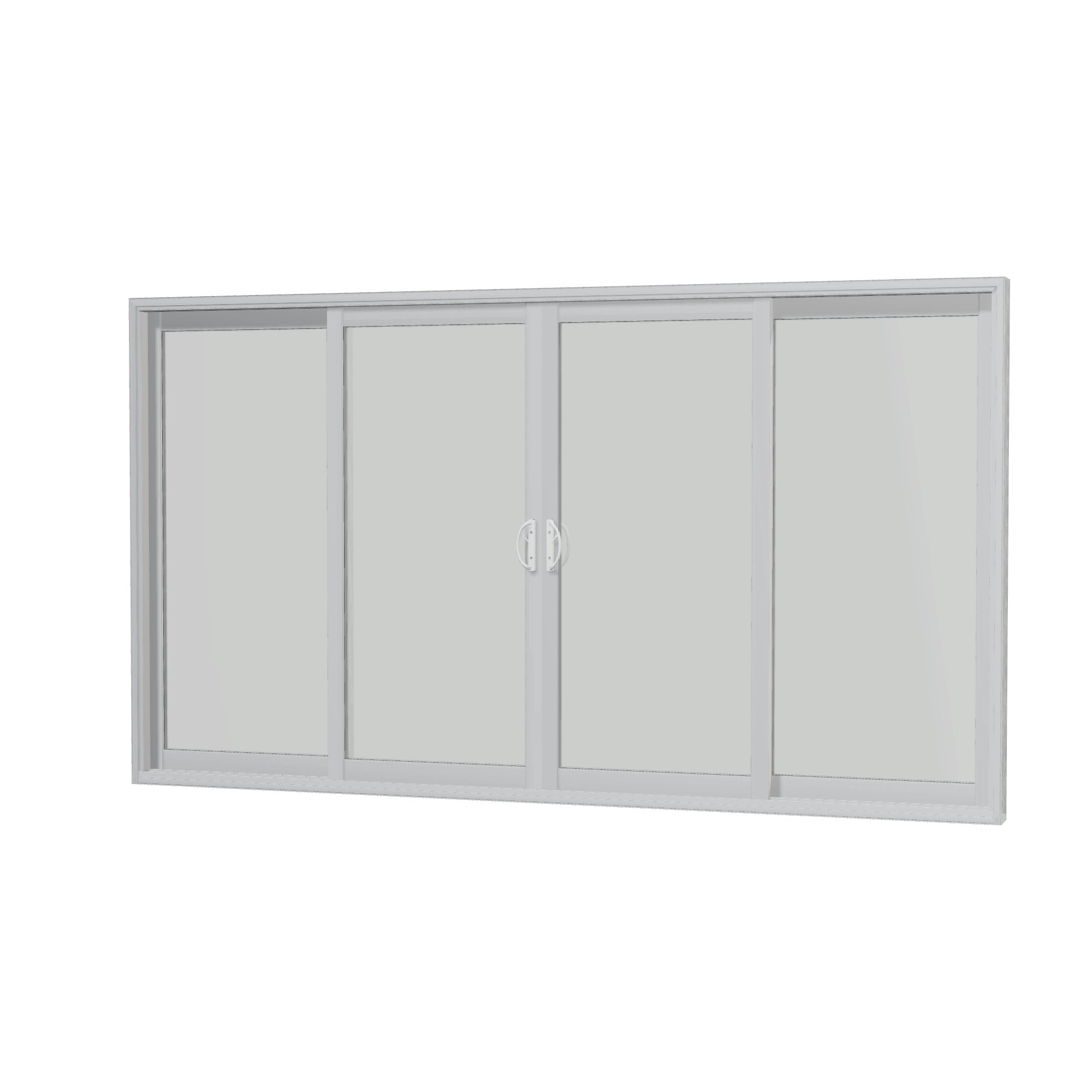 Angled interior view of Capri 140.88 × 79.25 inch 4-Panel OLRO Vinyl Sliding Patio Door — White / White