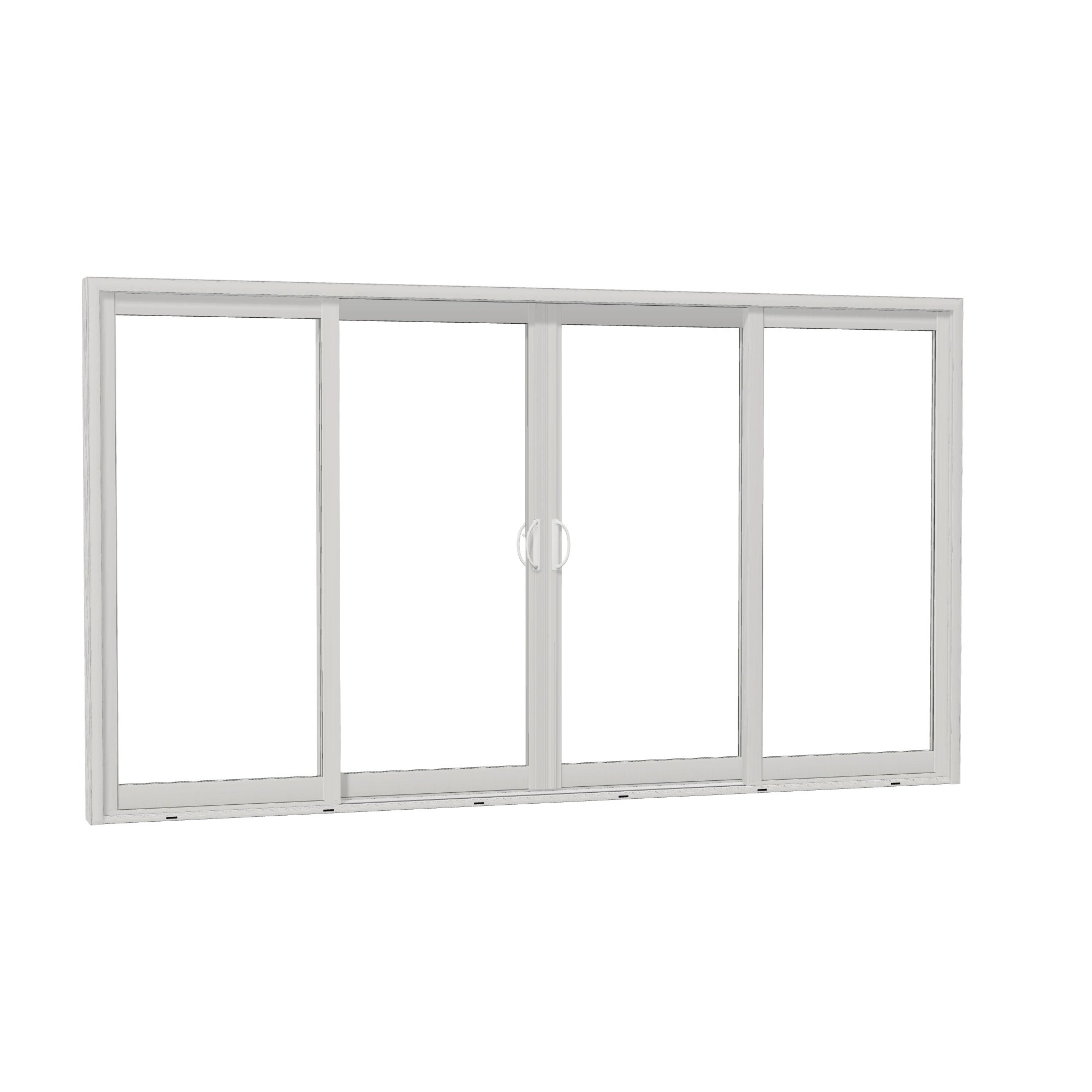 Opposite exterior angle of Capri 140.88 × 79.25 inch 4-Panel OLRO Vinyl Sliding Patio Door — White / White