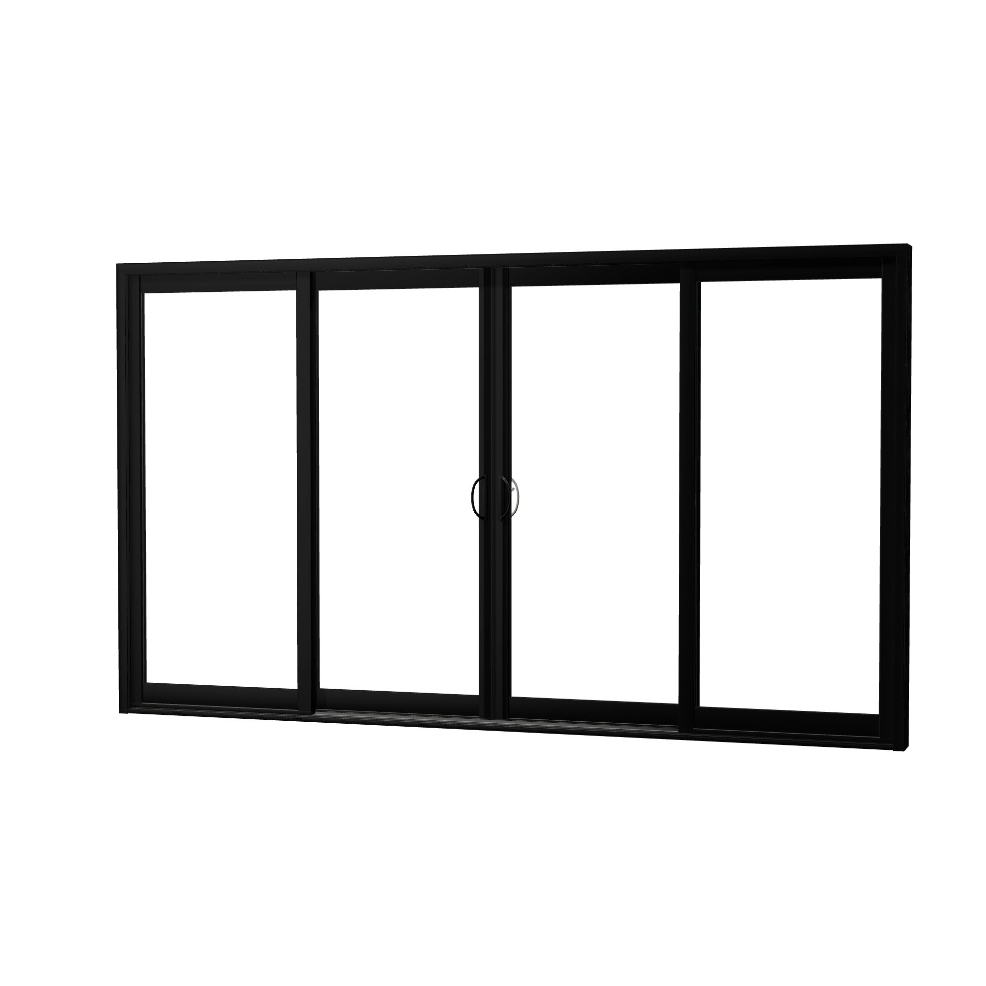 Angled exterior view of Capri 140.88 × 81.25 inch 4-Panel OLRO Vinyl Sliding Patio Door — Black / White