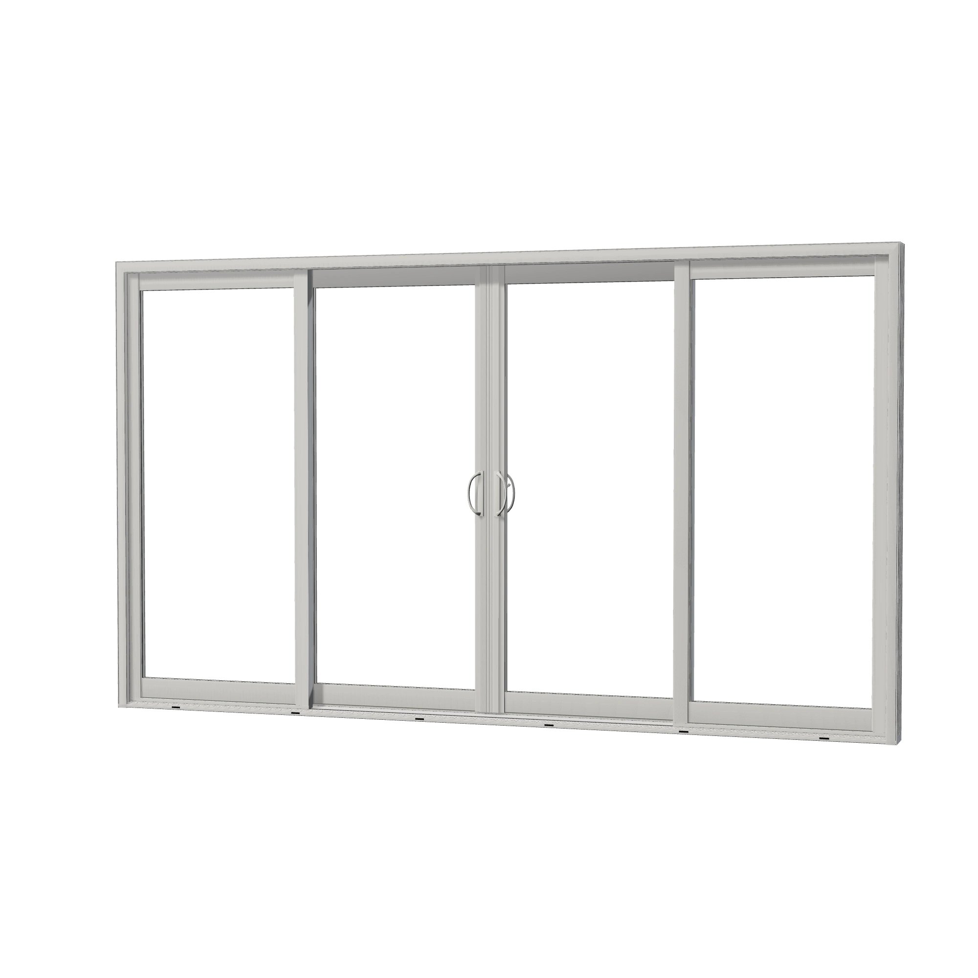 Angled exterior view of Capri 140.88 × 81.25 inch 4-Panel OLRO Vinyl Sliding Patio Door — White / White
