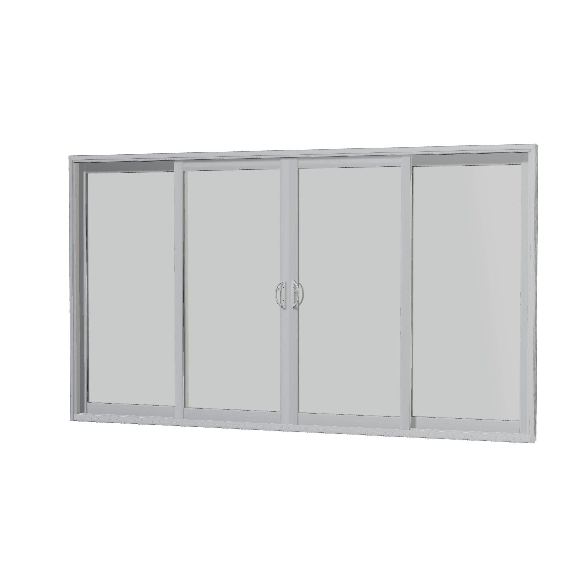 Angled interior view of Capri 140.88 × 81.25 inch 4-Panel OLRO Vinyl Sliding Patio Door — White / White