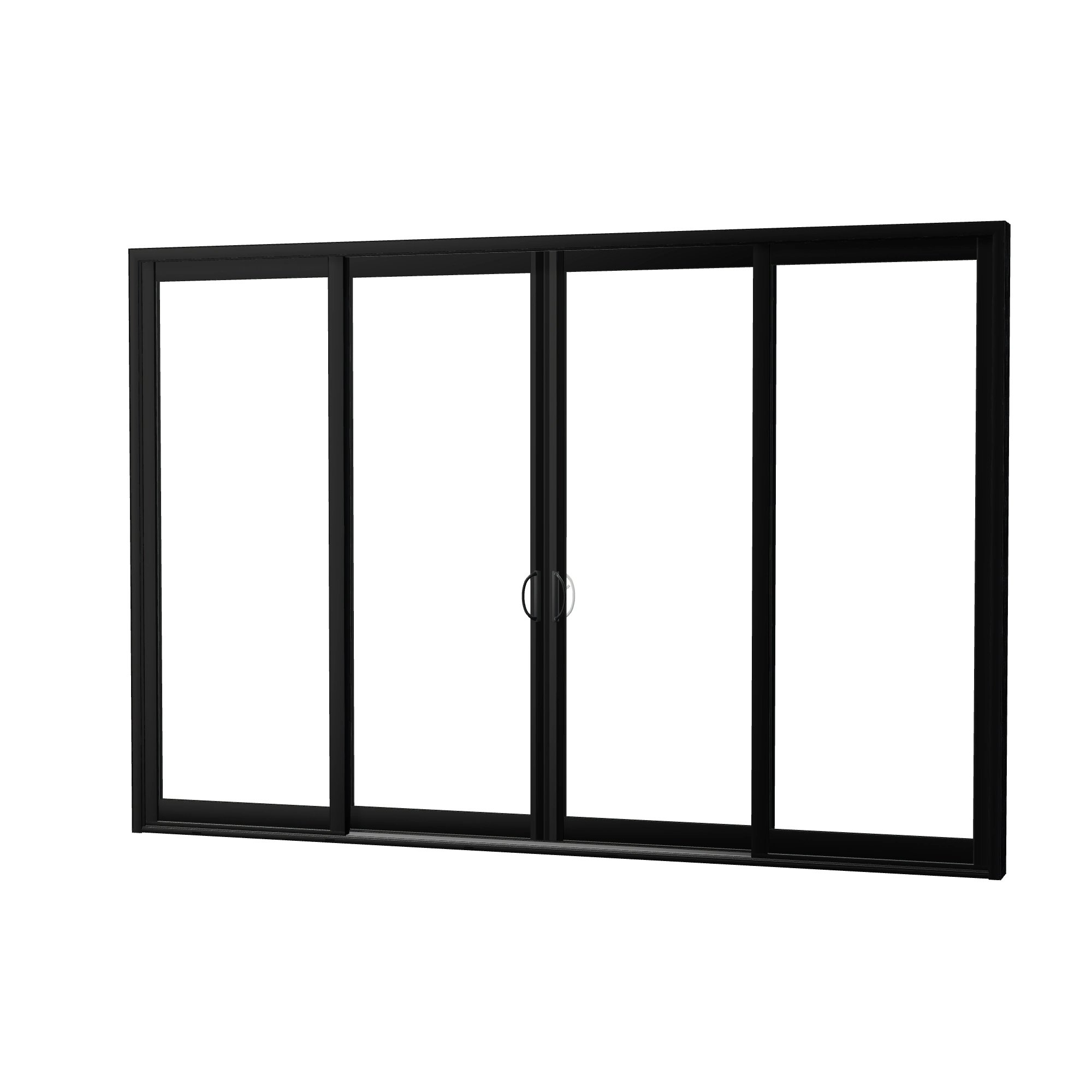 Angled exterior view of Capri 140.88 × 95.25 inch 4-Panel OLRO Vinyl Sliding Patio Door — Black / White