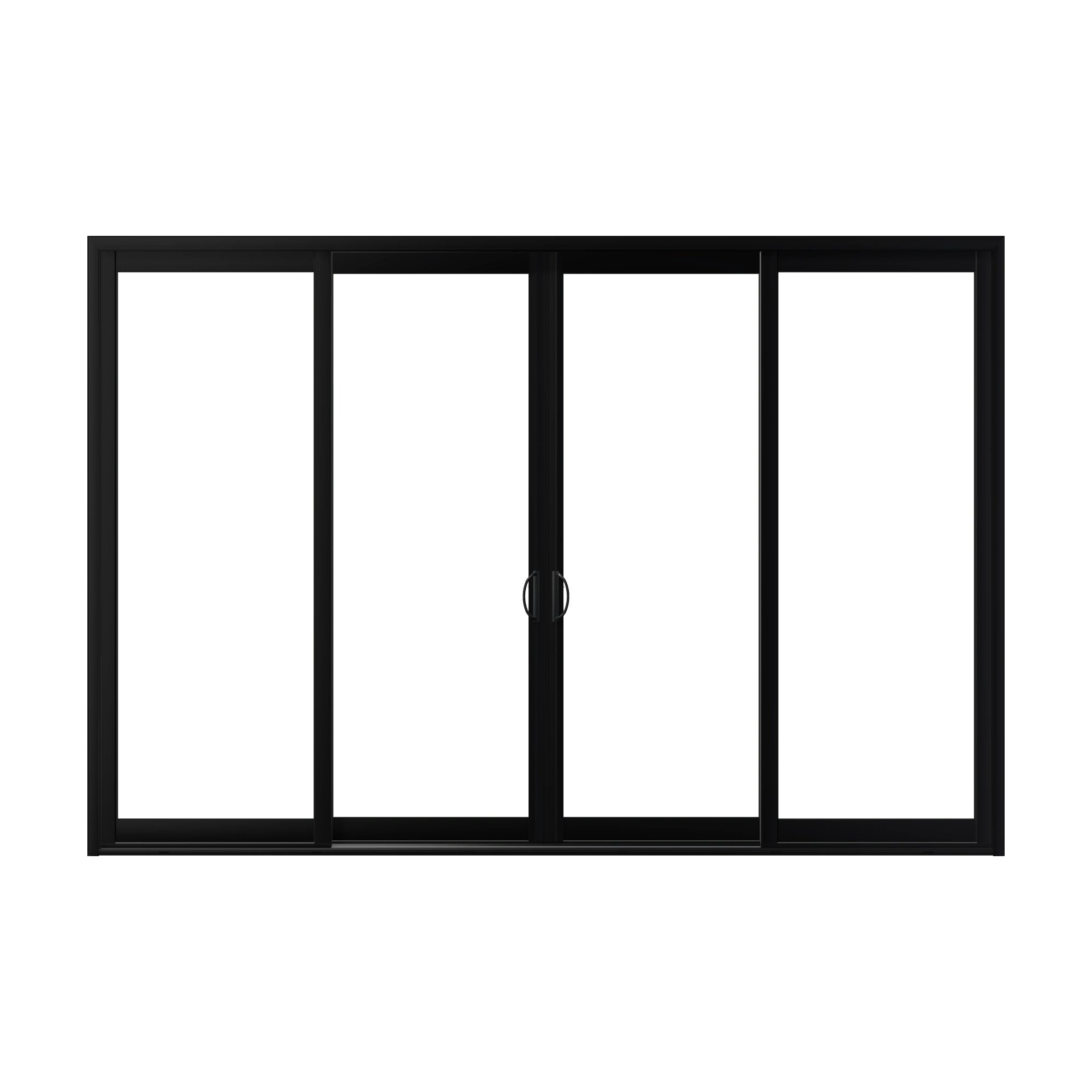 Straight exterior view of Capri 140.88 × 95.25 inch 4-Panel OLRO Vinyl Sliding Patio Door — Black / White