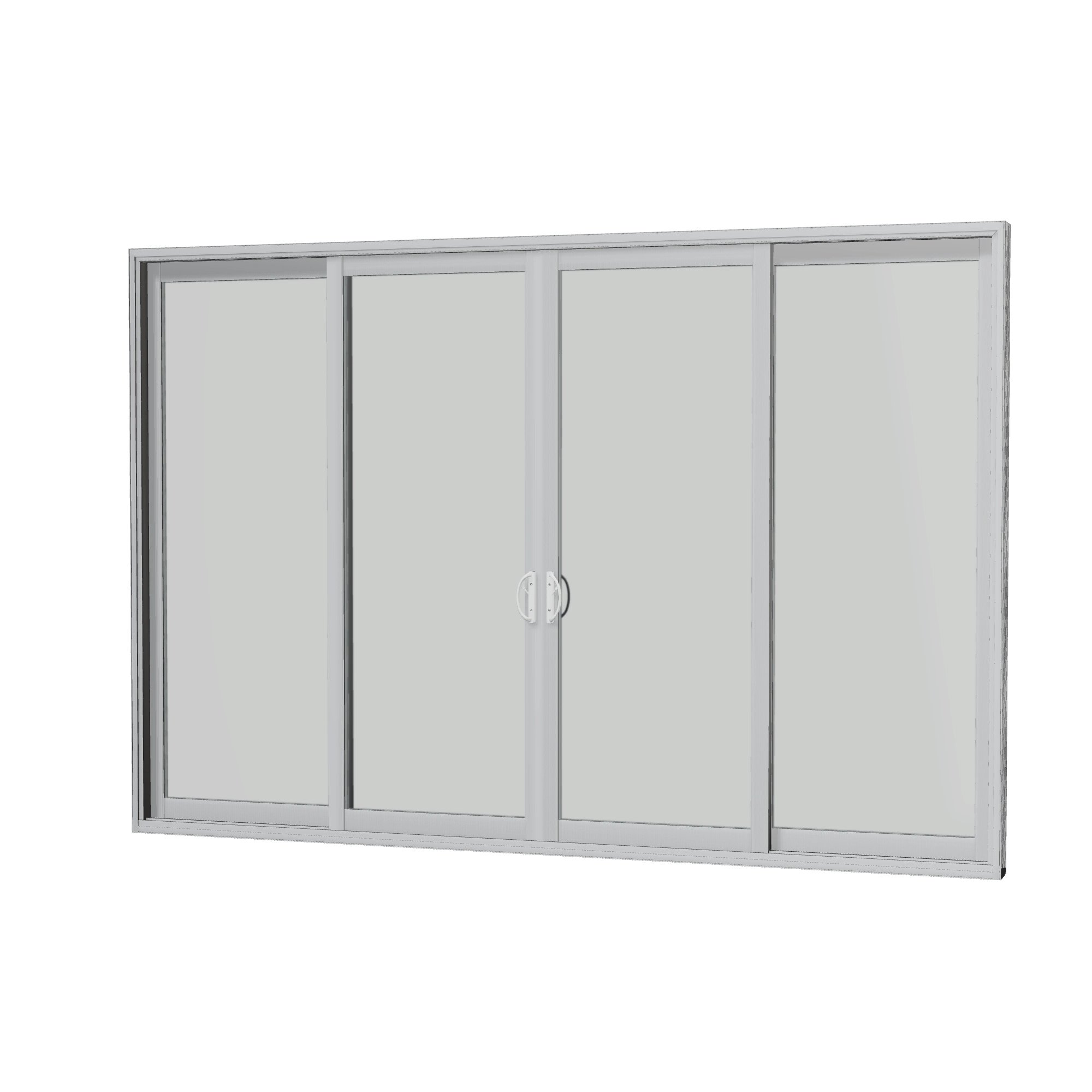 Angled interior view of Capri 140.88 × 95.25 inch 4-Panel OLRO Vinyl Sliding Patio Door — Black / White