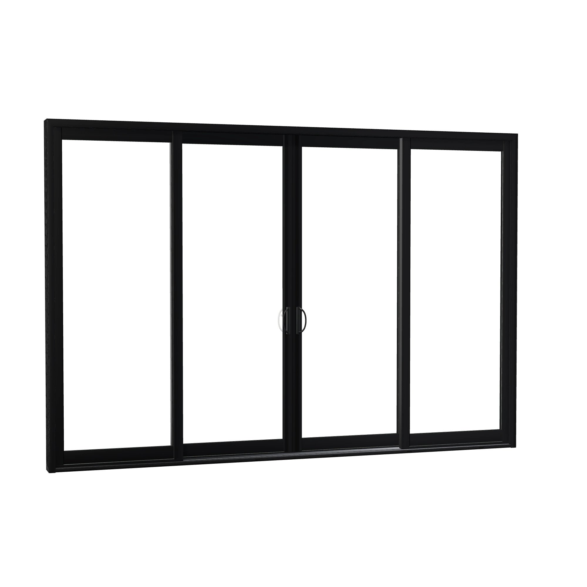 Opposite exterior angle of Capri 140.88 × 95.25 inch 4-Panel OLRO Vinyl Sliding Patio Door — Black / White