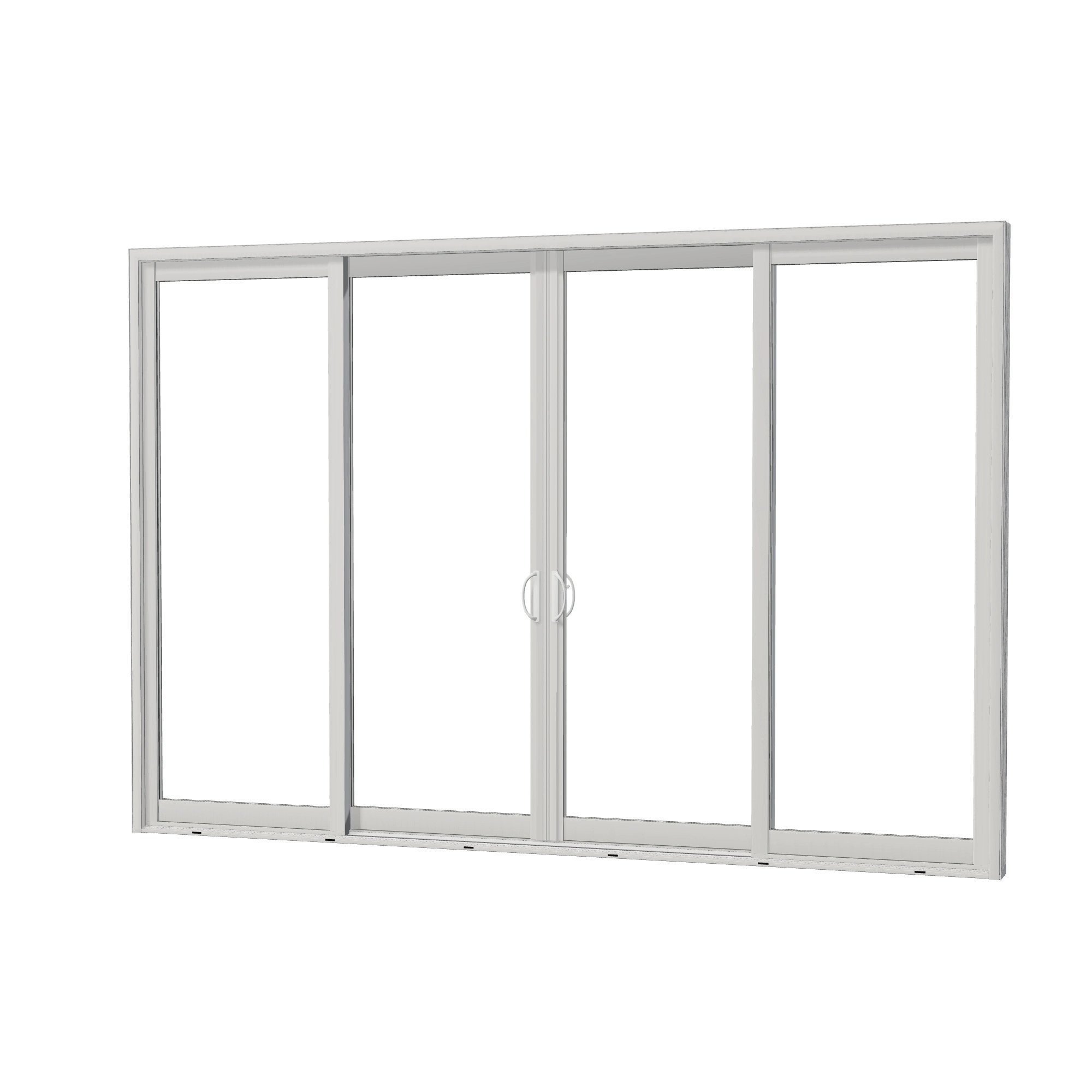 Angled exterior view of Capri 140.88 × 95.25 inch 4-Panel OLRO Vinyl Sliding Patio Door — White / White
