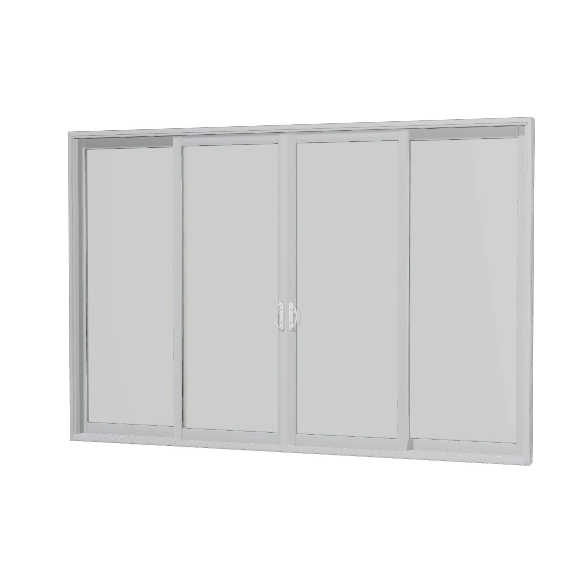 Angled interior view of Capri 140.88 × 95.25 inch 4-Panel OLRO Vinyl Sliding Patio Door — White / White
