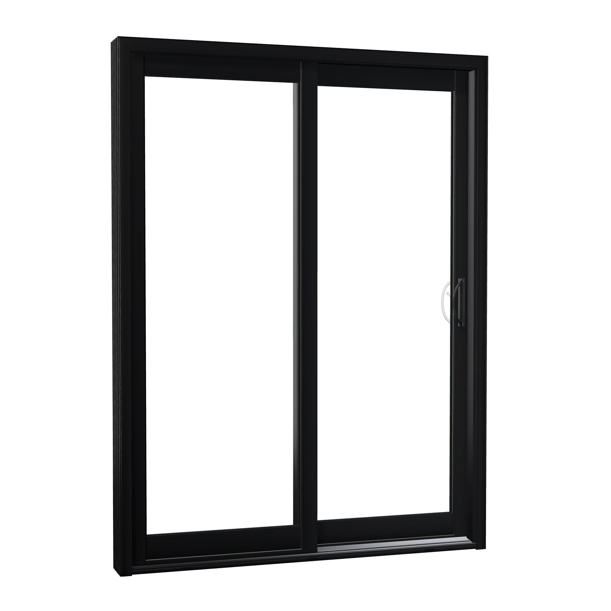 Opposite exterior angle of Capri 59.5 × 79.25 inch 2-Panel OR Vinyl Sliding Patio Door — Black / White