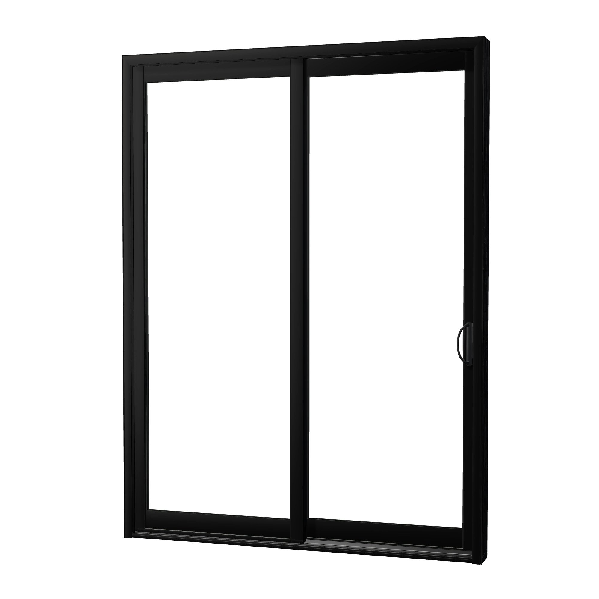 Angled exterior view of Capri 71.5 × 95.25 inch 2-Panel OR Vinyl Sliding Patio Door — Black / White