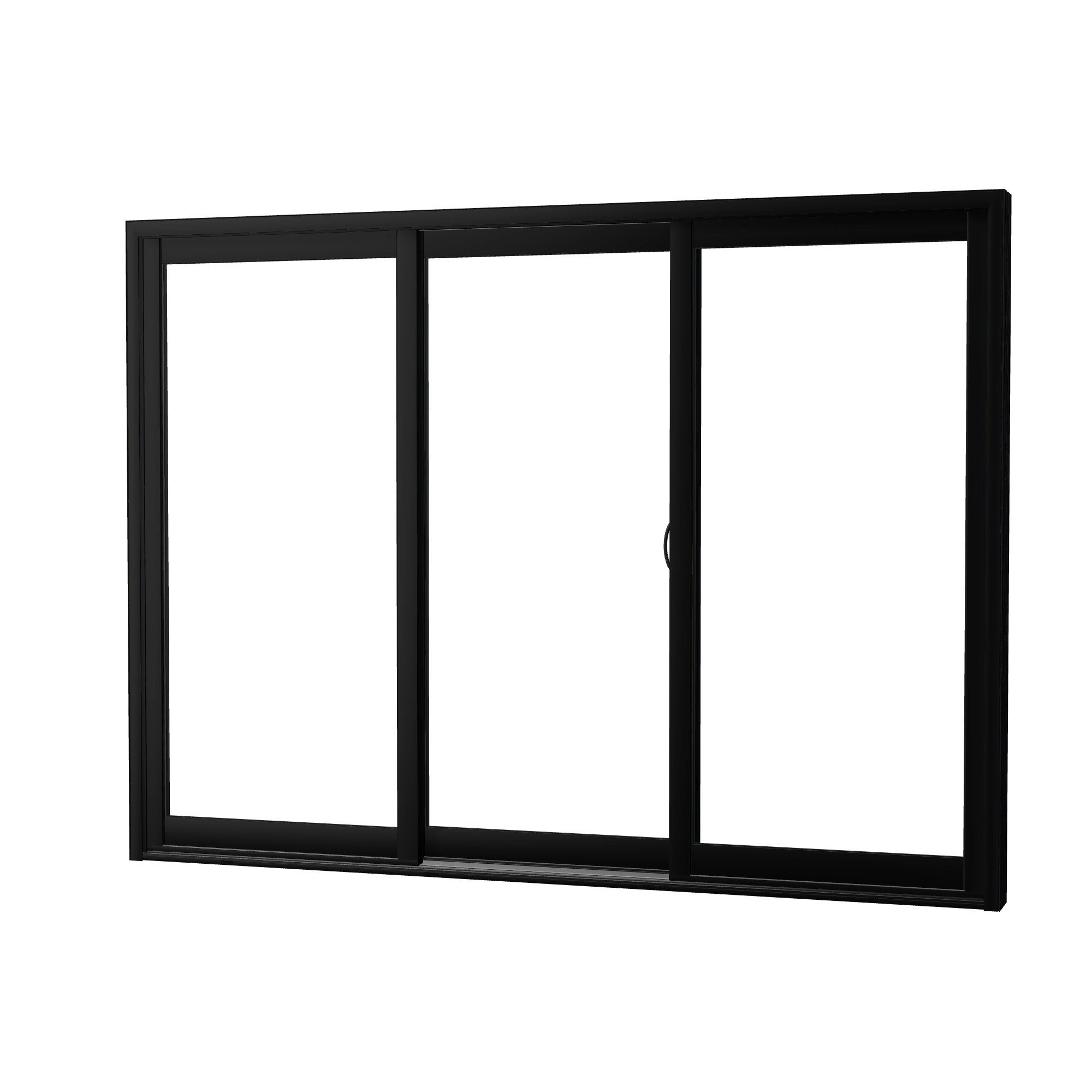 Angled exterior view of Capri 107.25 × 79.25 inch 3-Panel ORO Vinyl Sliding Patio Door — Black / White