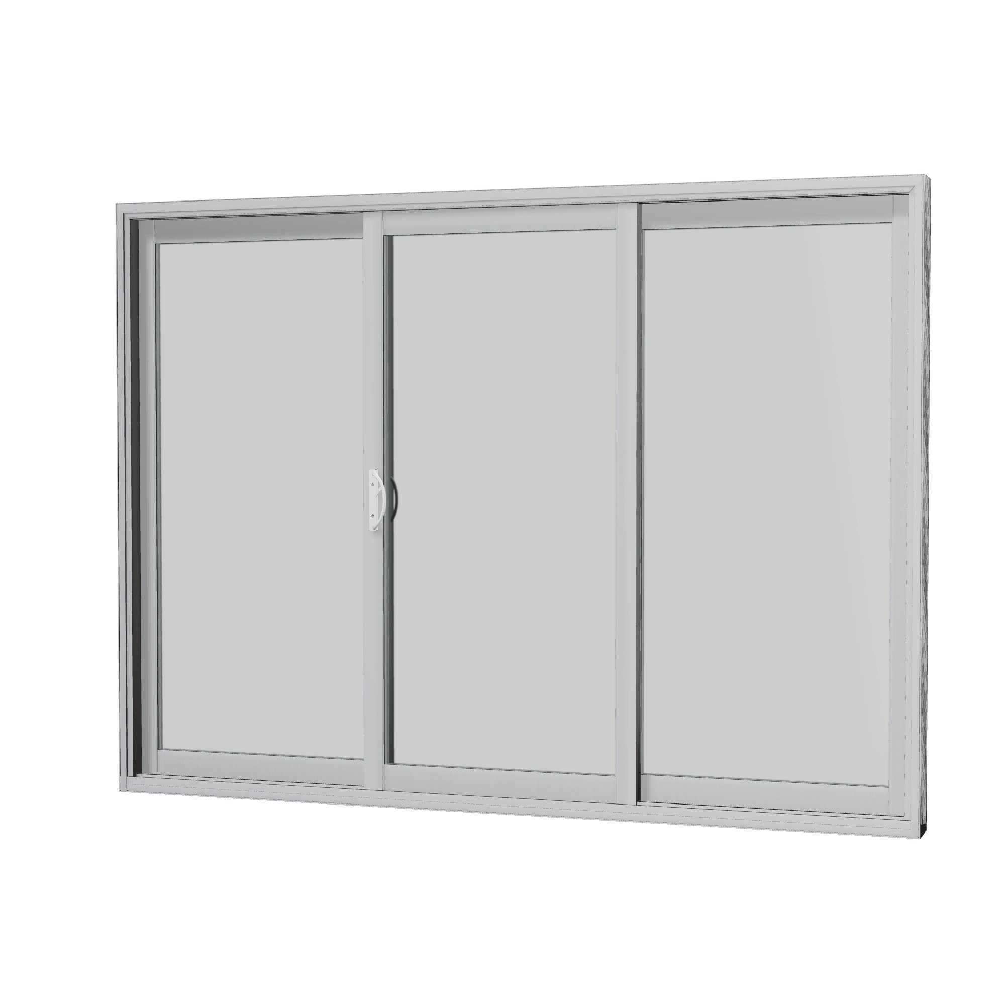 Angled interior view of Capri 107.25 × 79.25 inch 3-Panel ORO Vinyl Sliding Patio Door — Black / White