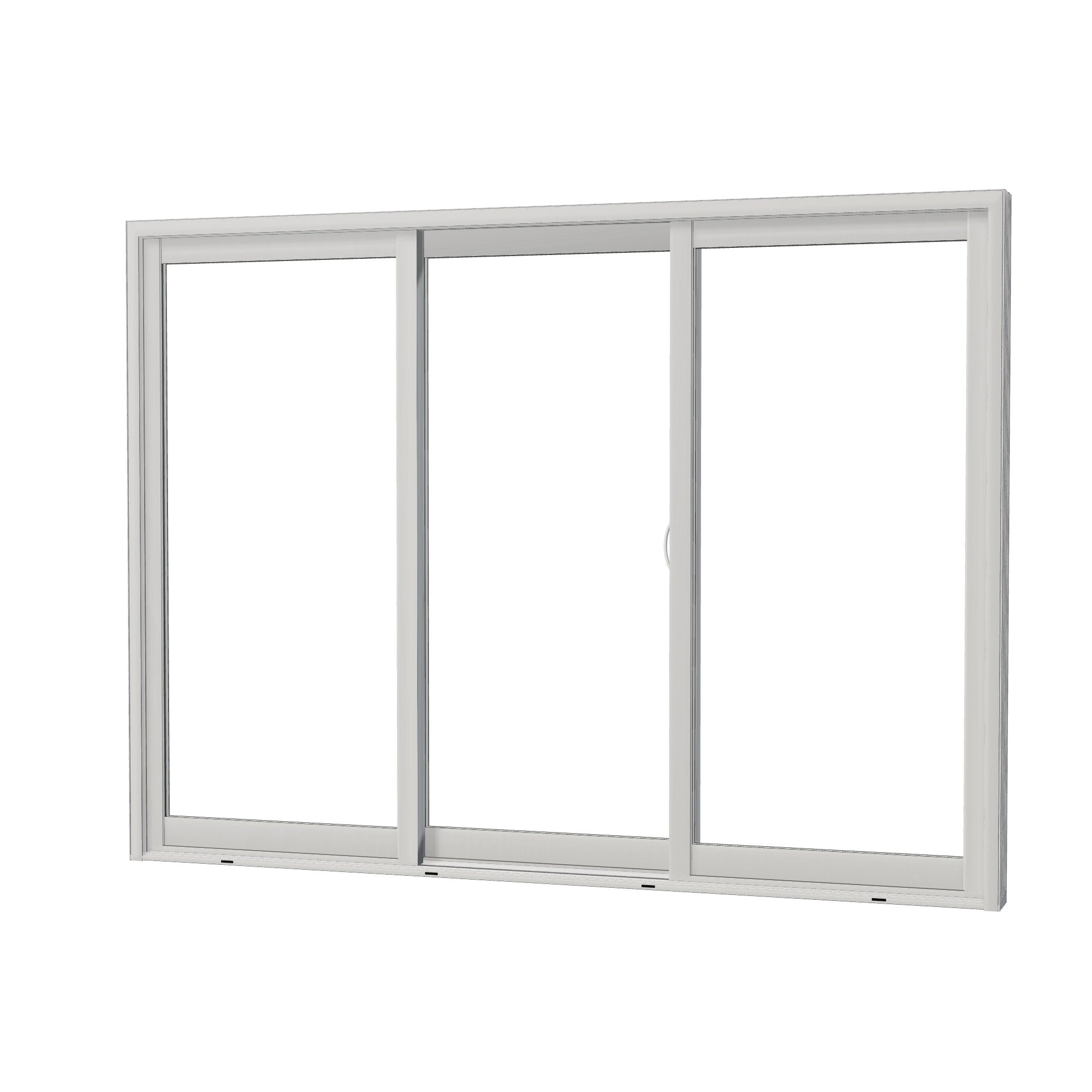 Angled exterior view of Capri 107.25 × 79.25 inch 3-Panel ORO Vinyl Sliding Patio Door — White / White