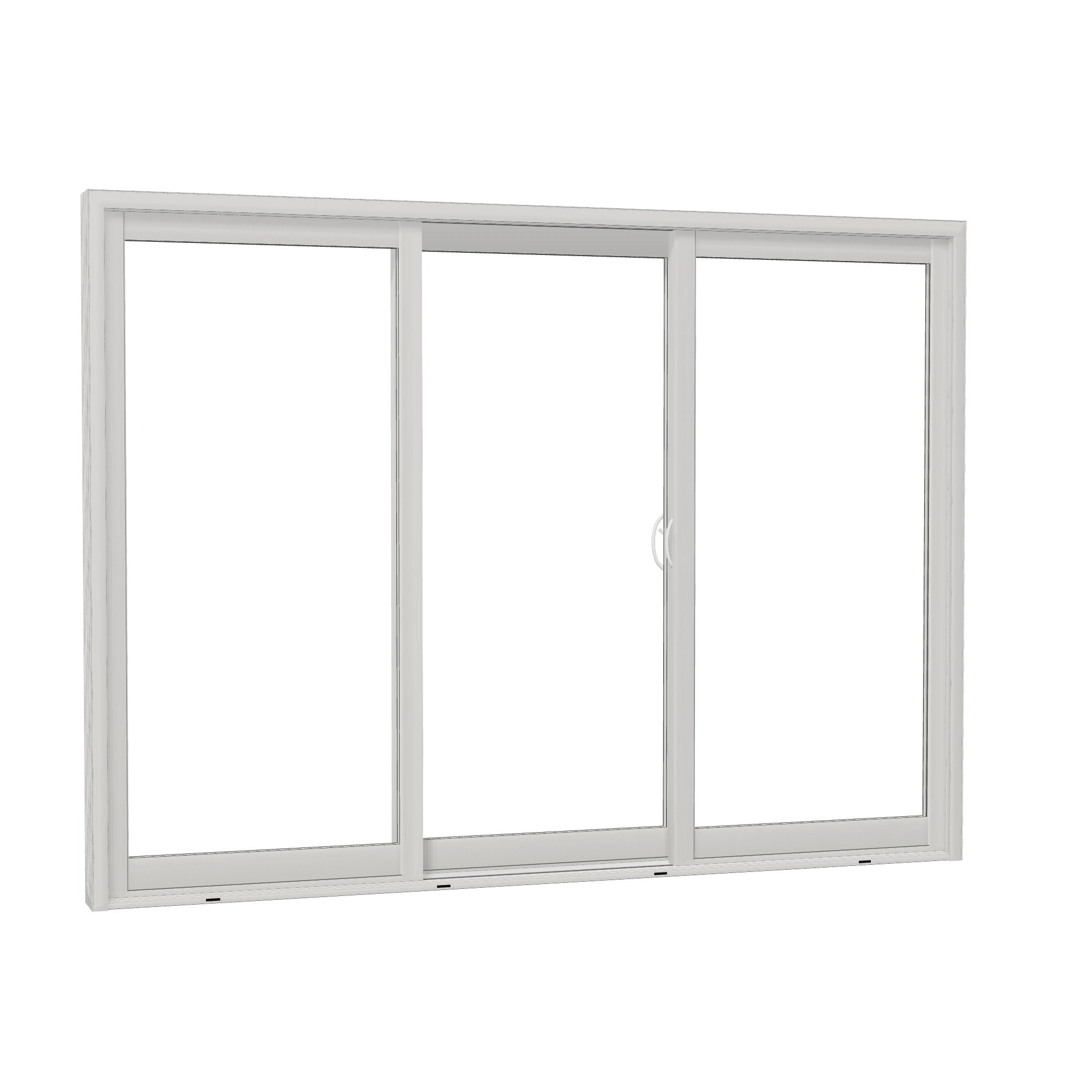 Opposite exterior angle of Capri 107.25 × 79.25 inch 3-Panel ORO Vinyl Sliding Patio Door — White / White