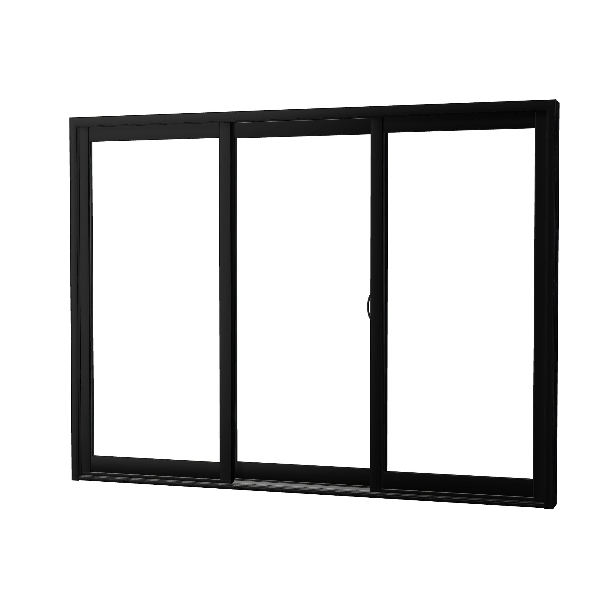 Angled exterior view of Capri 107.25 × 81.25 inch 3-Panel ORO Vinyl Sliding Patio Door — Black / White