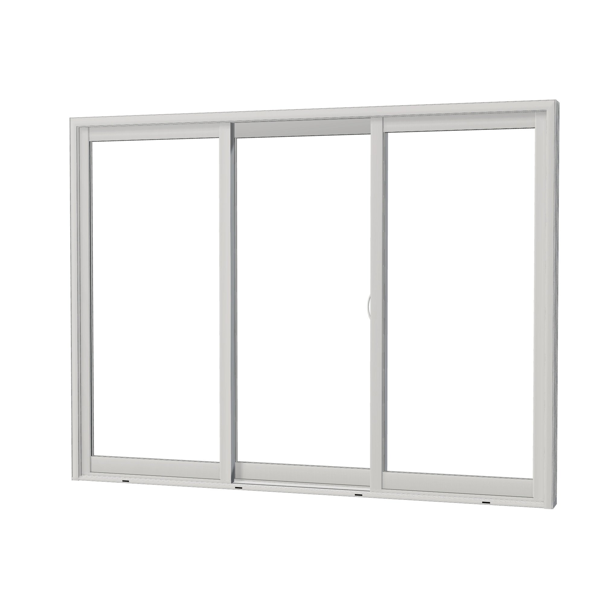 Angled exterior view of Capri 107.25 × 81.25 inch 3-Panel ORO Vinyl Sliding Patio Door — White / White
