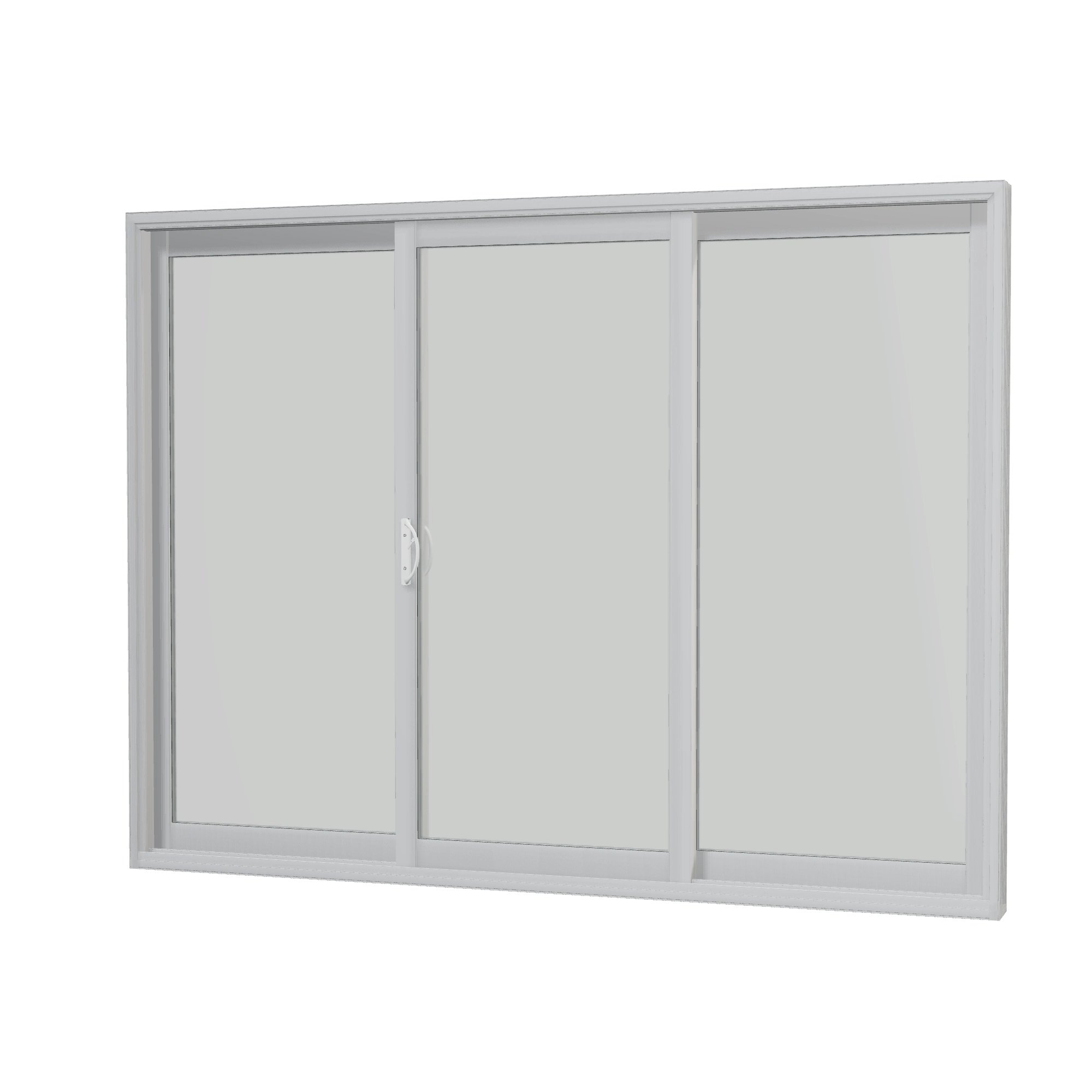 Angled interior view of Capri 107.25 × 81.25 inch 3-Panel ORO Vinyl Sliding Patio Door — White / White