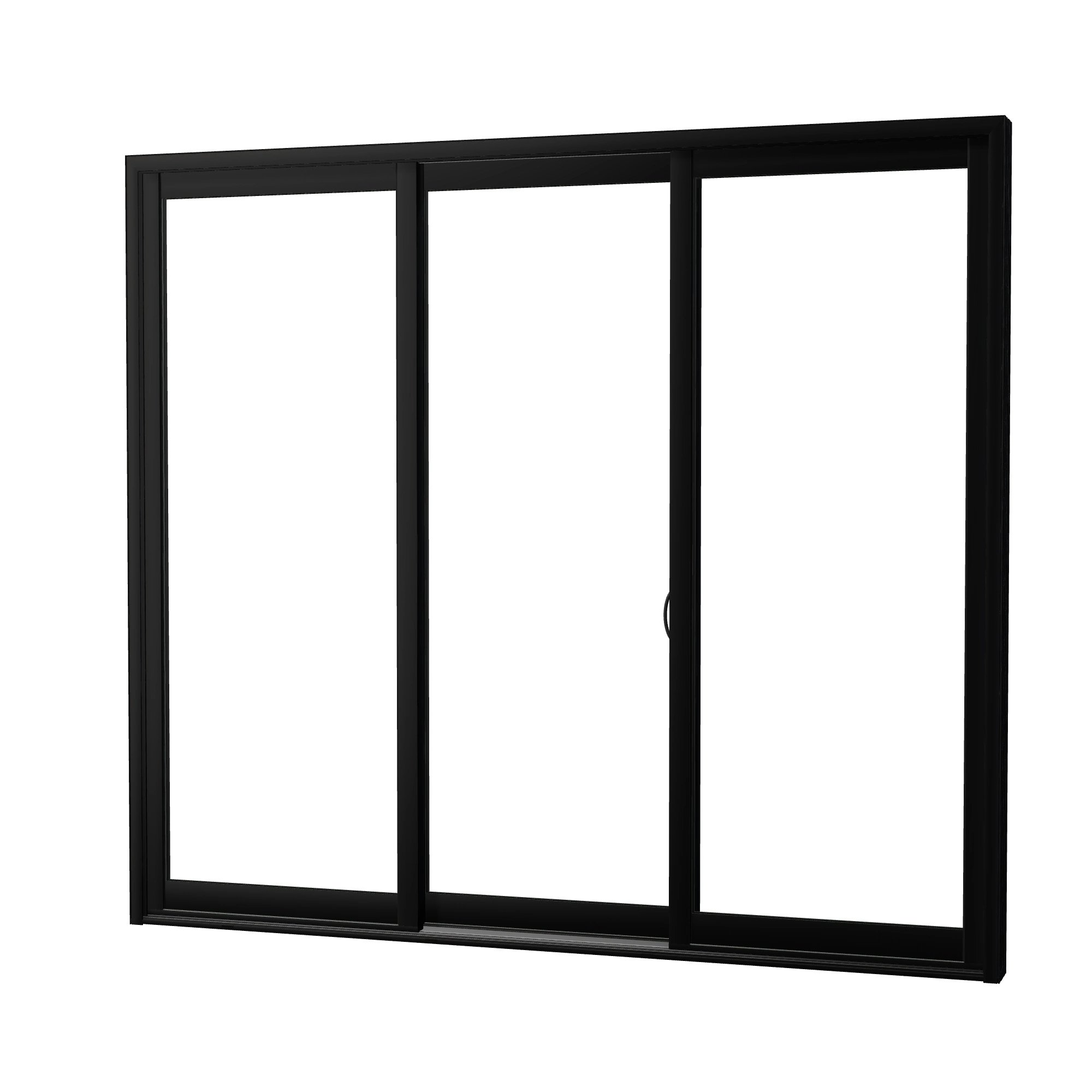 Angled exterior view of Capri 107.25 × 95.25 inch 3-Panel ORO Vinyl Sliding Patio Door — Black / White