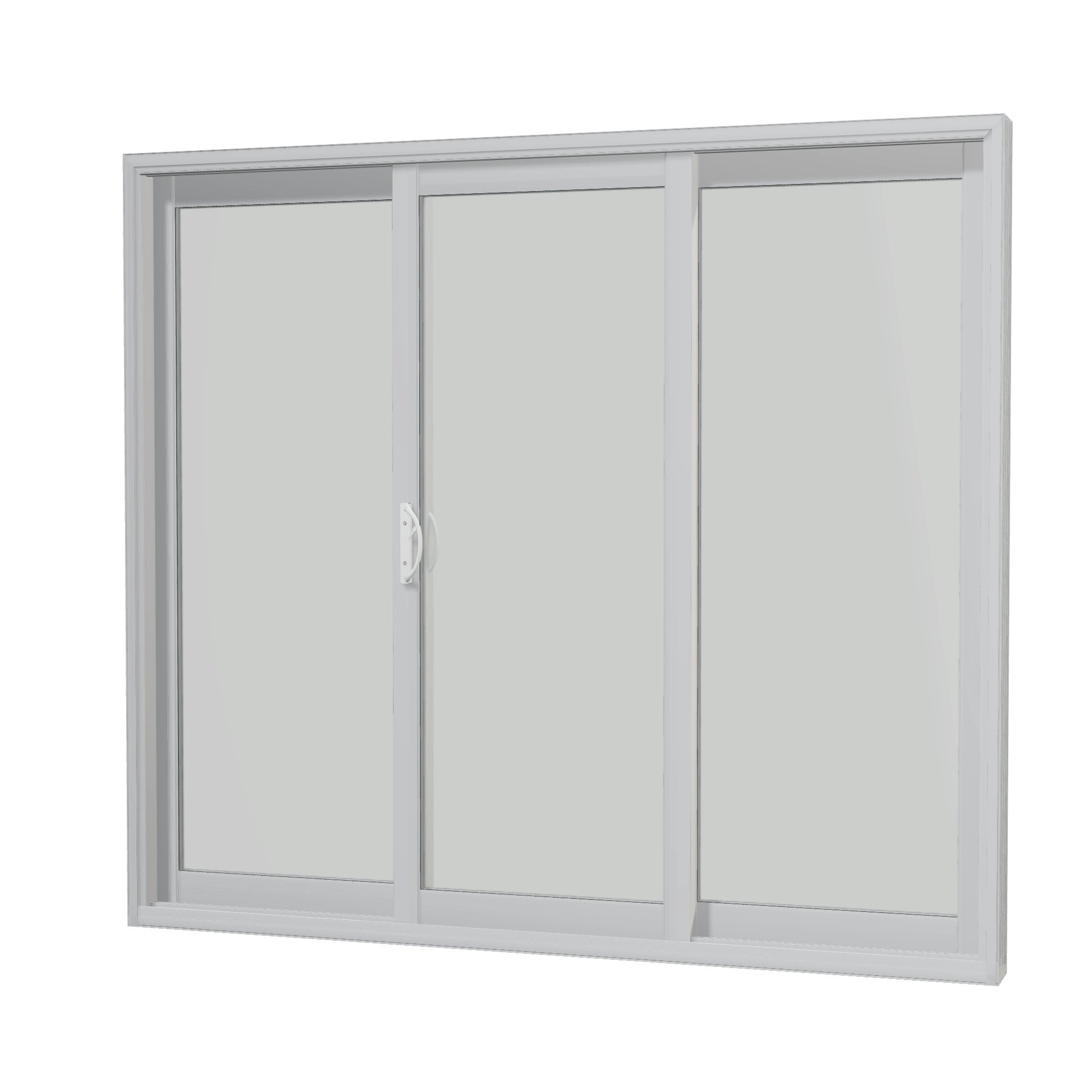 Angled interior view of Capri 89 × 79.25 inch 3-Panel ORO Vinyl Sliding Patio Door — White / White