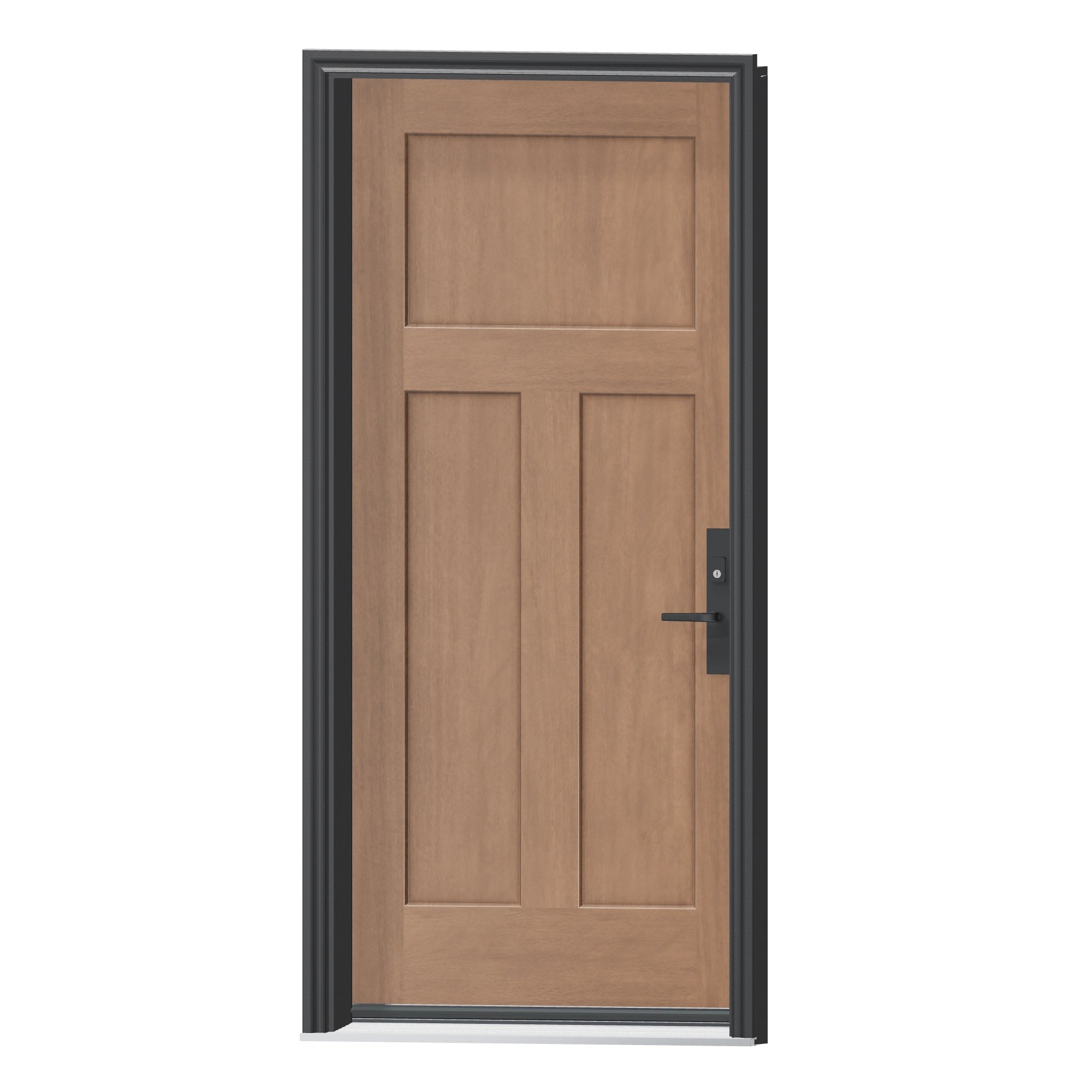 Angled exterior view of 36 × 79 inch Three Panel Craftsman · 79″ Fiberglass Entry Door