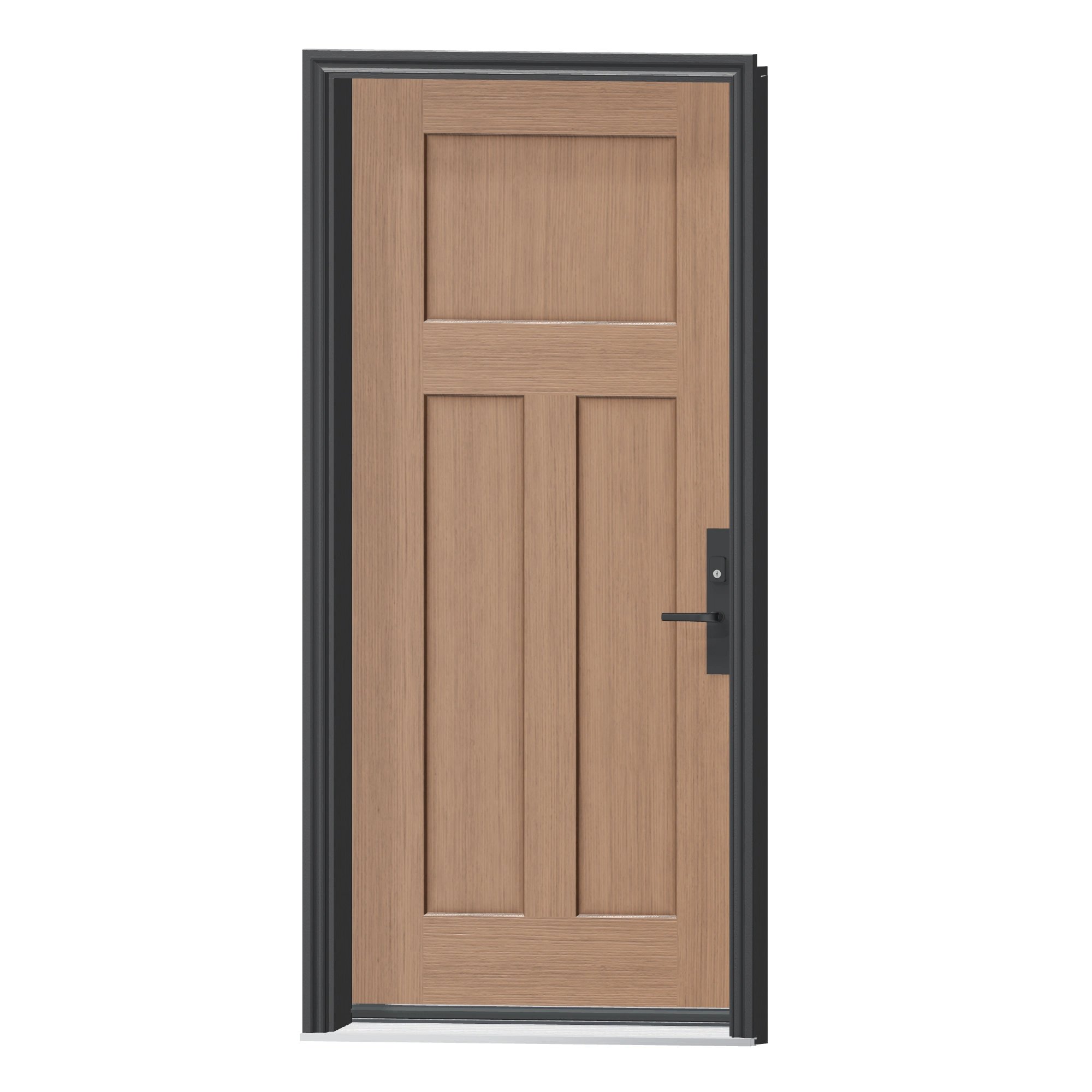Angled exterior view of 36 × 79 inch Three panel Craftsman Fiberglass Entry Door