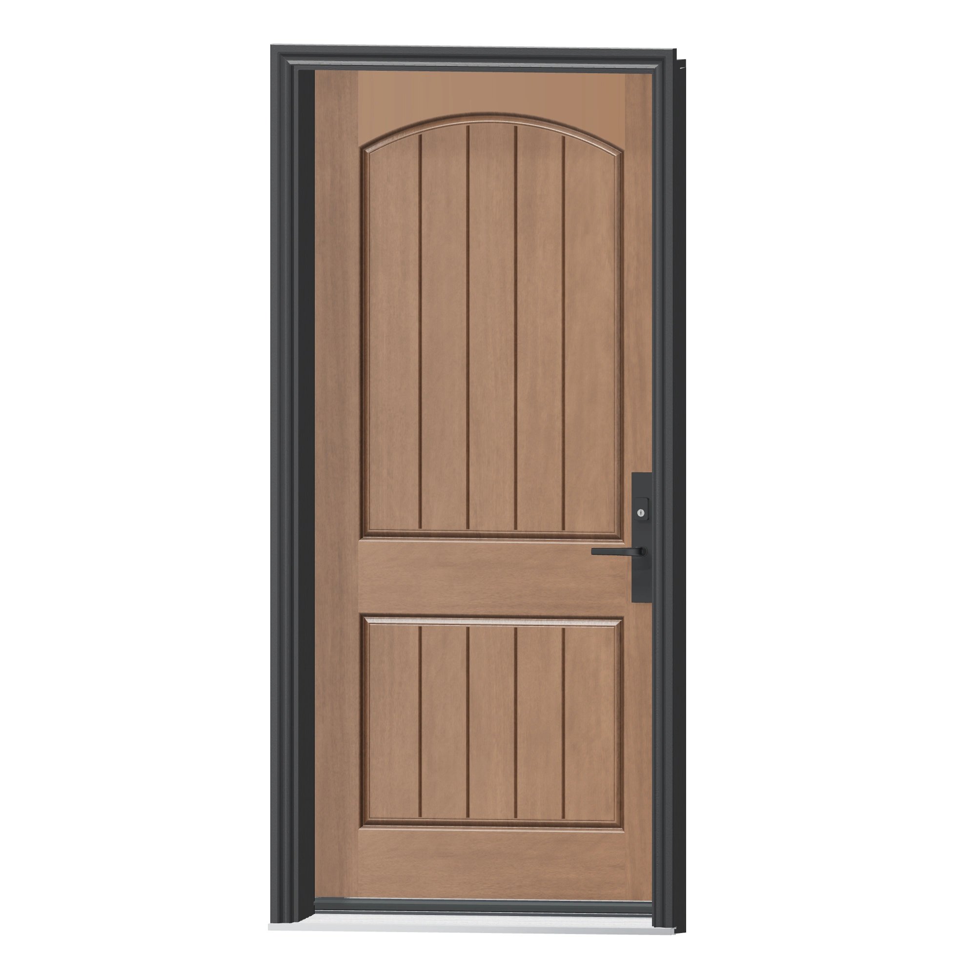 Angled exterior view of 36 × 79 inch Rustic mahogany · two panel arch plank Fiberglass Entry Door