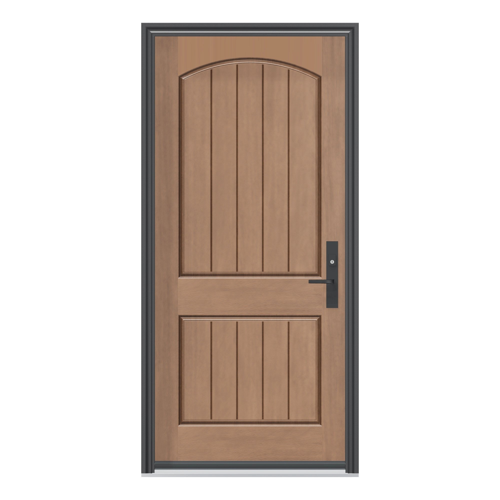 Straight exterior view of 36 × 79 inch Rustic mahogany · two panel arch plank Fiberglass Entry Door