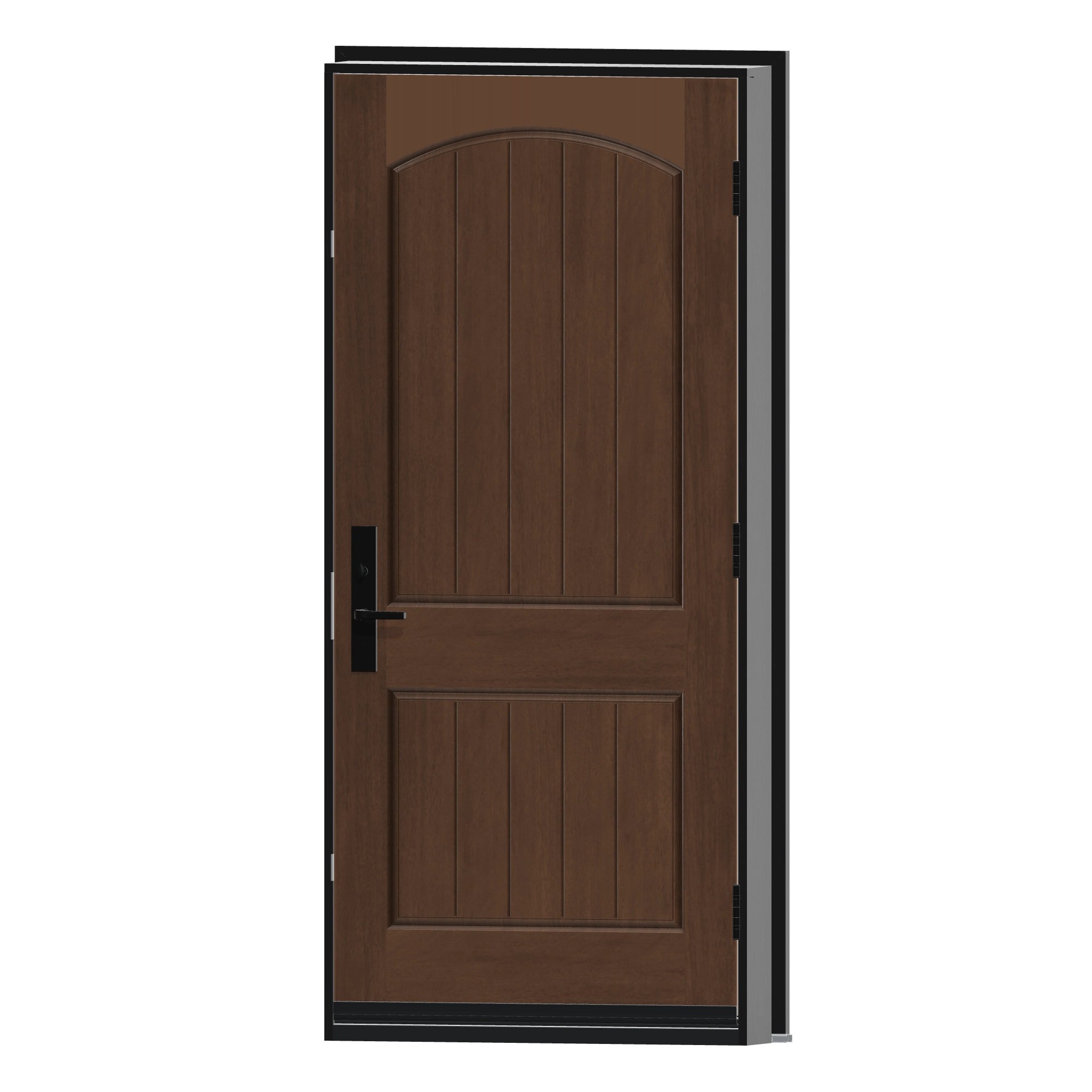 Angled interior view of 36 × 79 inch Rustic mahogany · two panel arch plank Fiberglass Entry Door