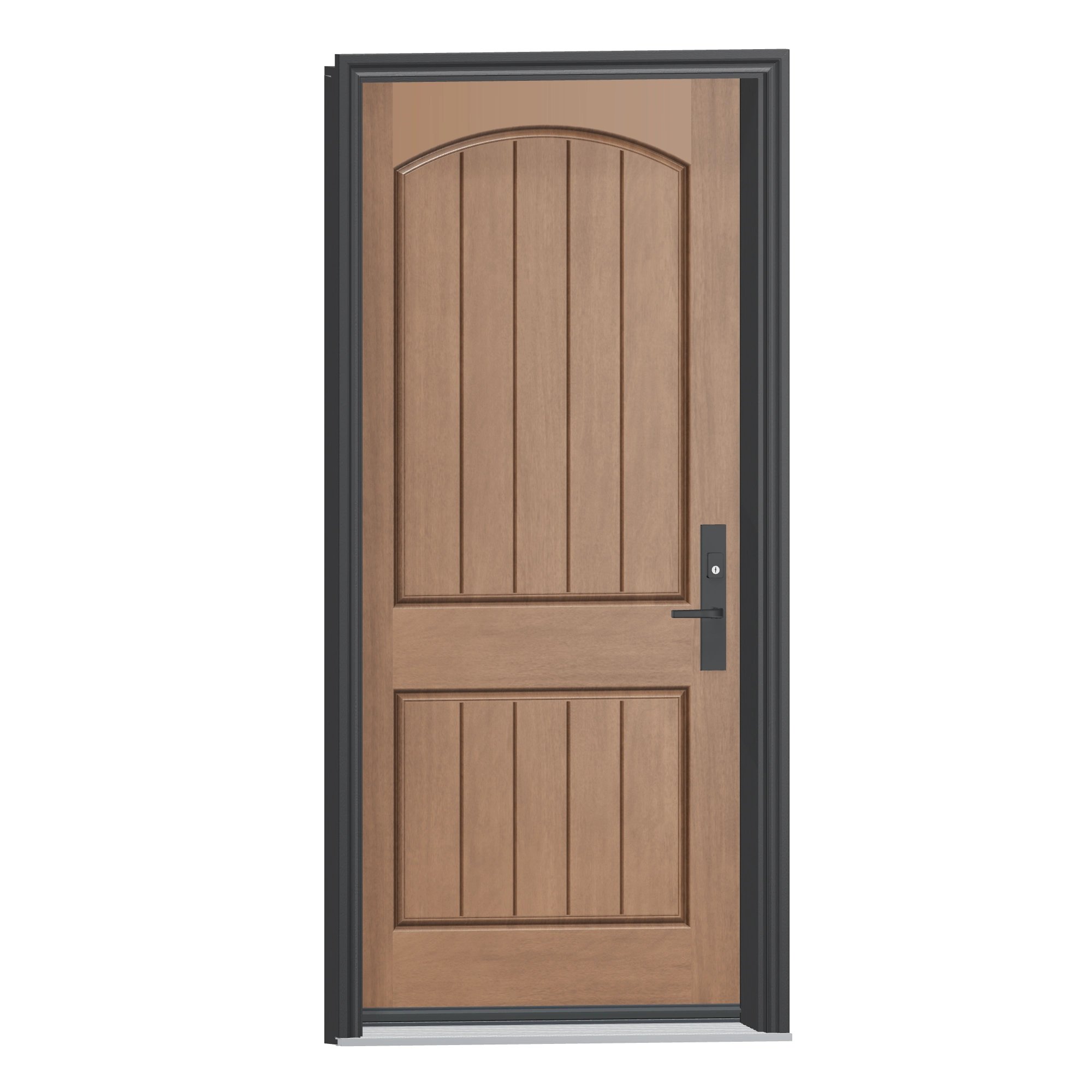 Opposite exterior angle of 36 × 79 inch Rustic mahogany · two panel arch plank Fiberglass Entry Door