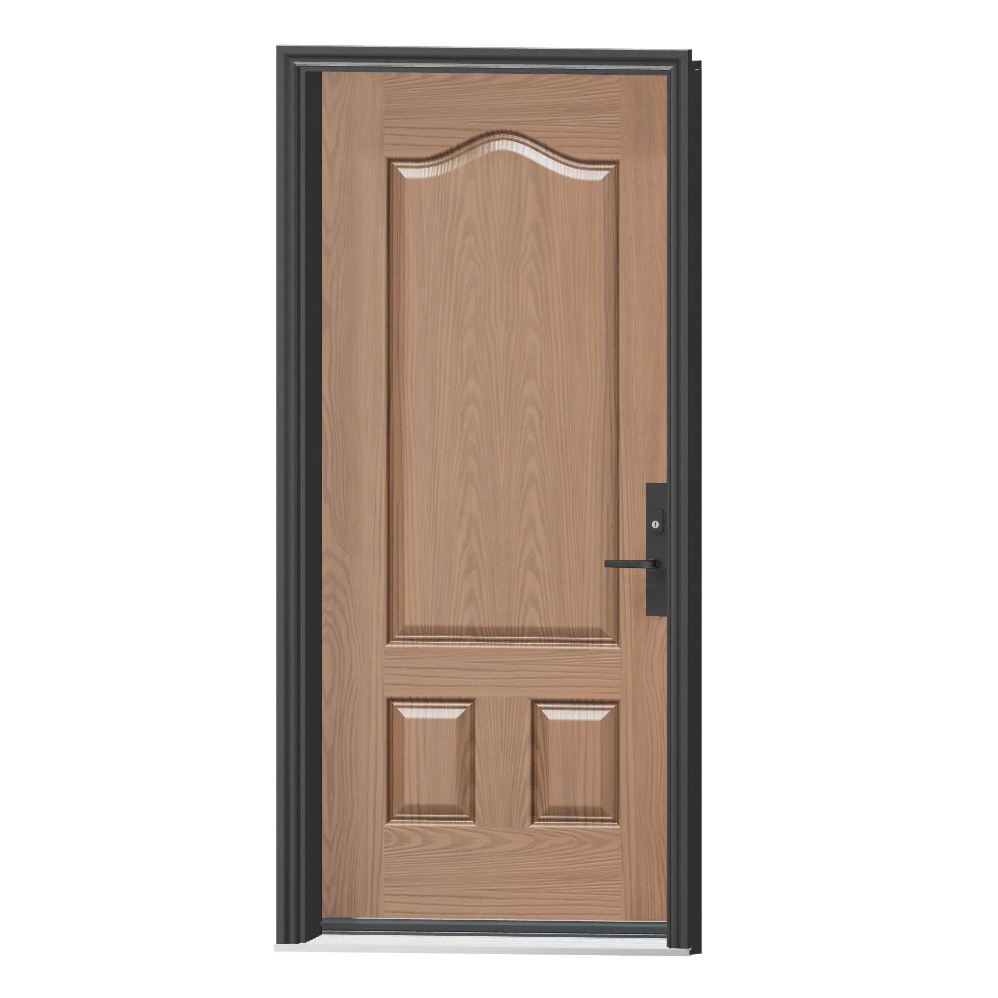 Angled exterior view of 36 × 79 inch Three panel · scroll top Fiberglass Entry Door