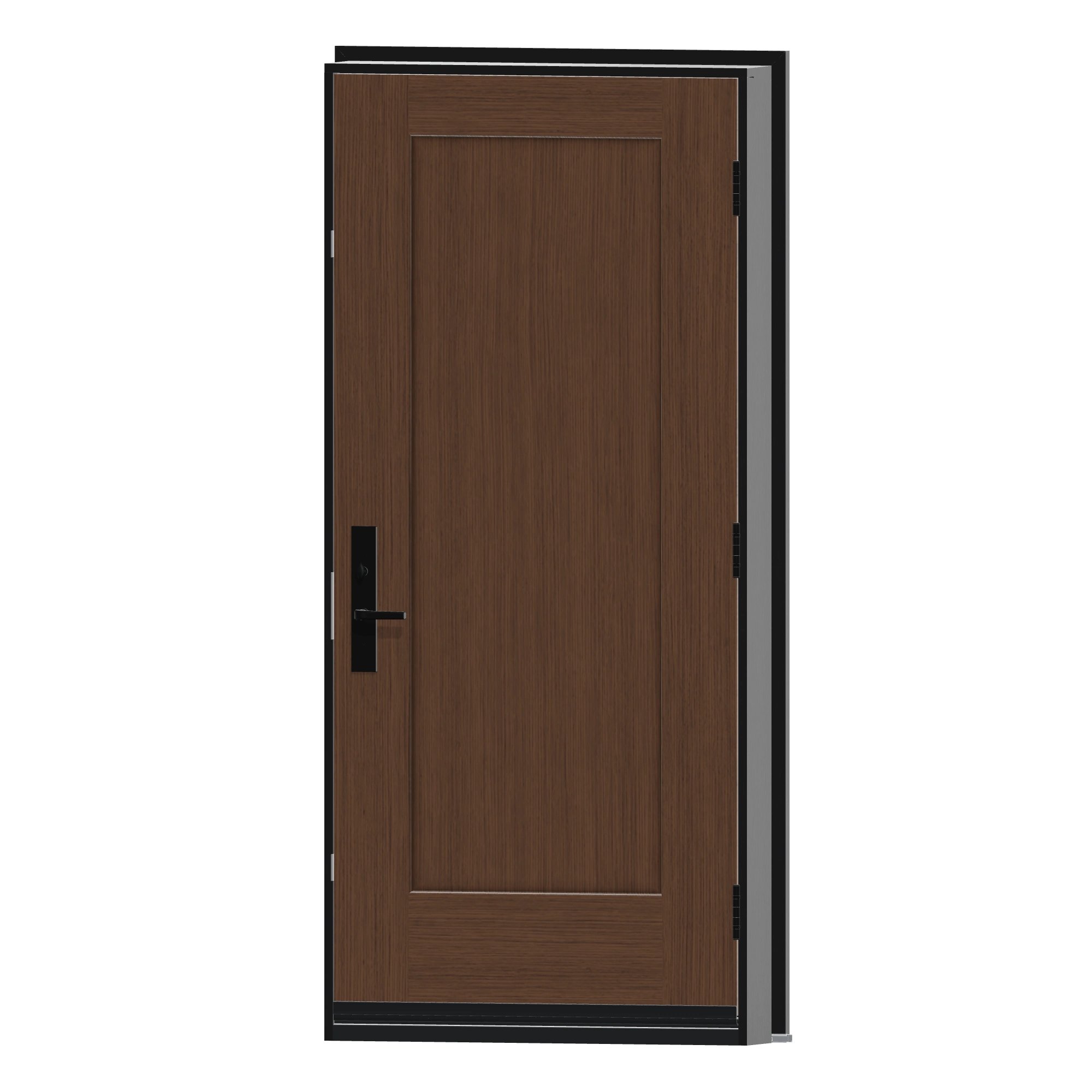 Angled interior view of 36 × 79 inch One panel Shaker Fiberglass Entry Door