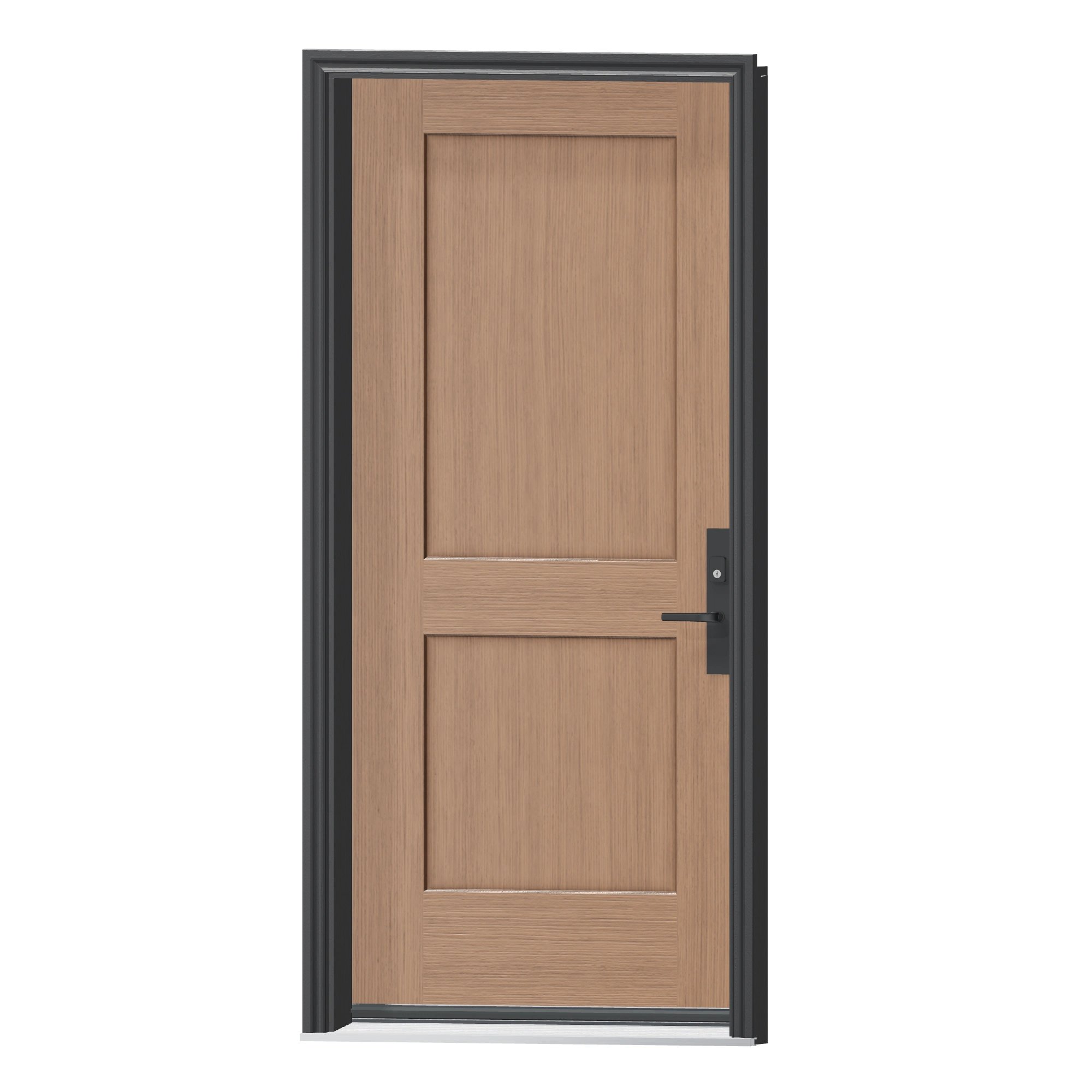 Angled exterior view of 36 × 79 inch Two panel Shaker Fiberglass Entry Door
