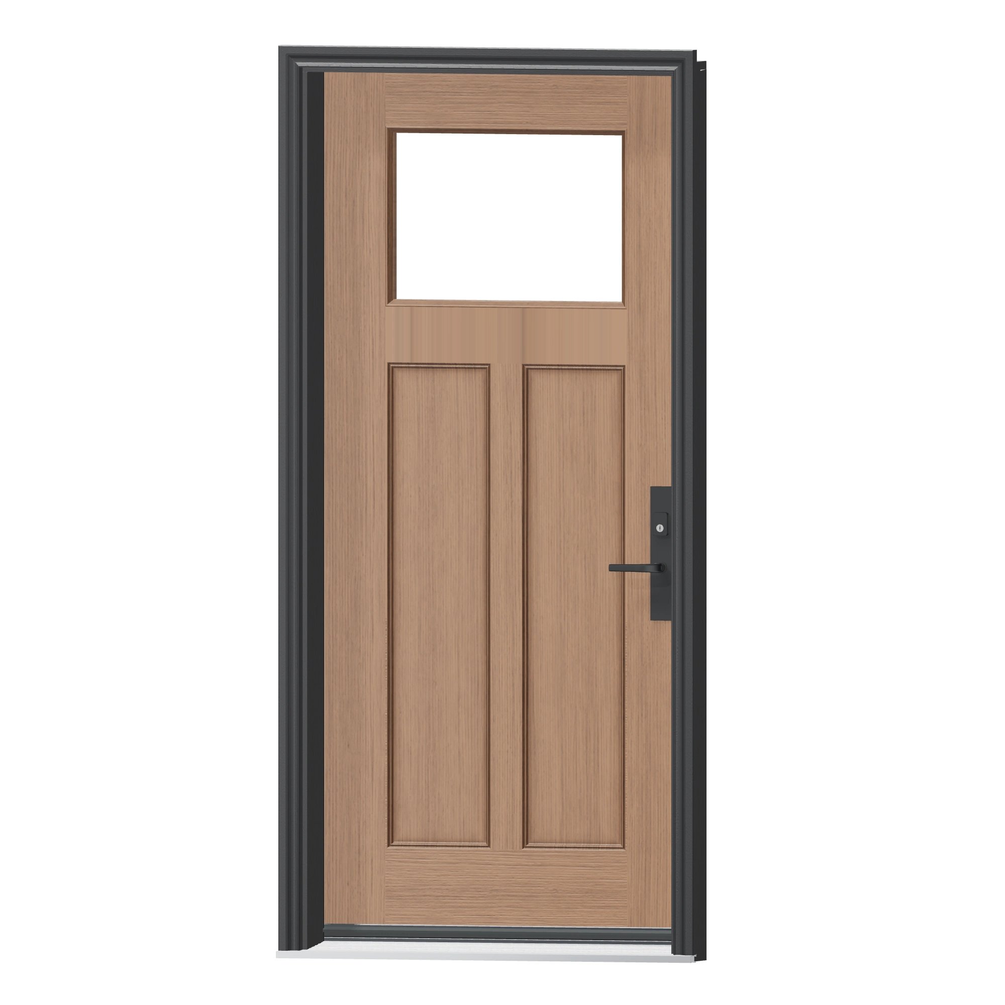 Angled exterior view of 36 × 79 inch Mennie Fir Craftsman Fiberglass Entry Door