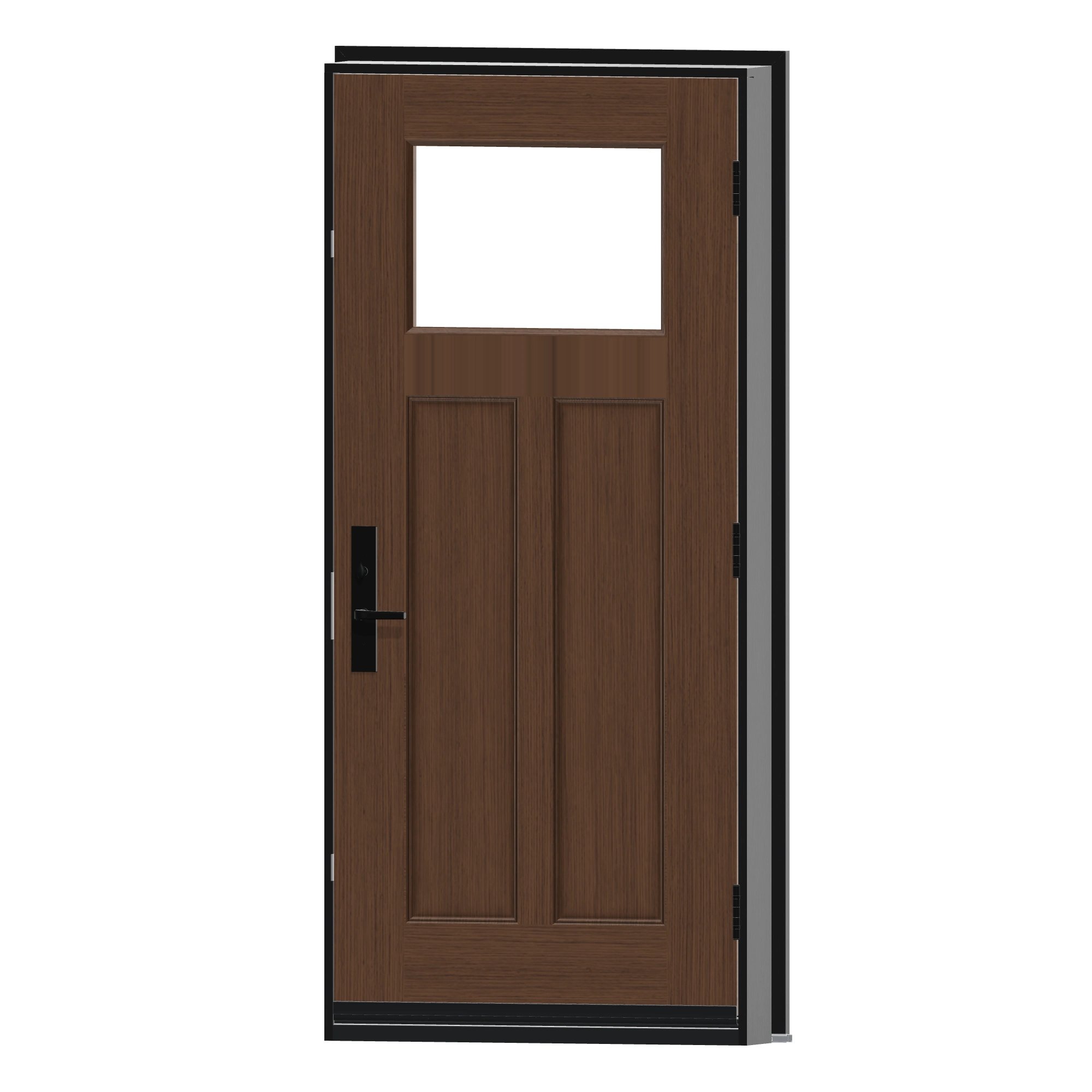 Angled interior view of 36 × 79 inch Mennie Fir Craftsman Fiberglass Entry Door
