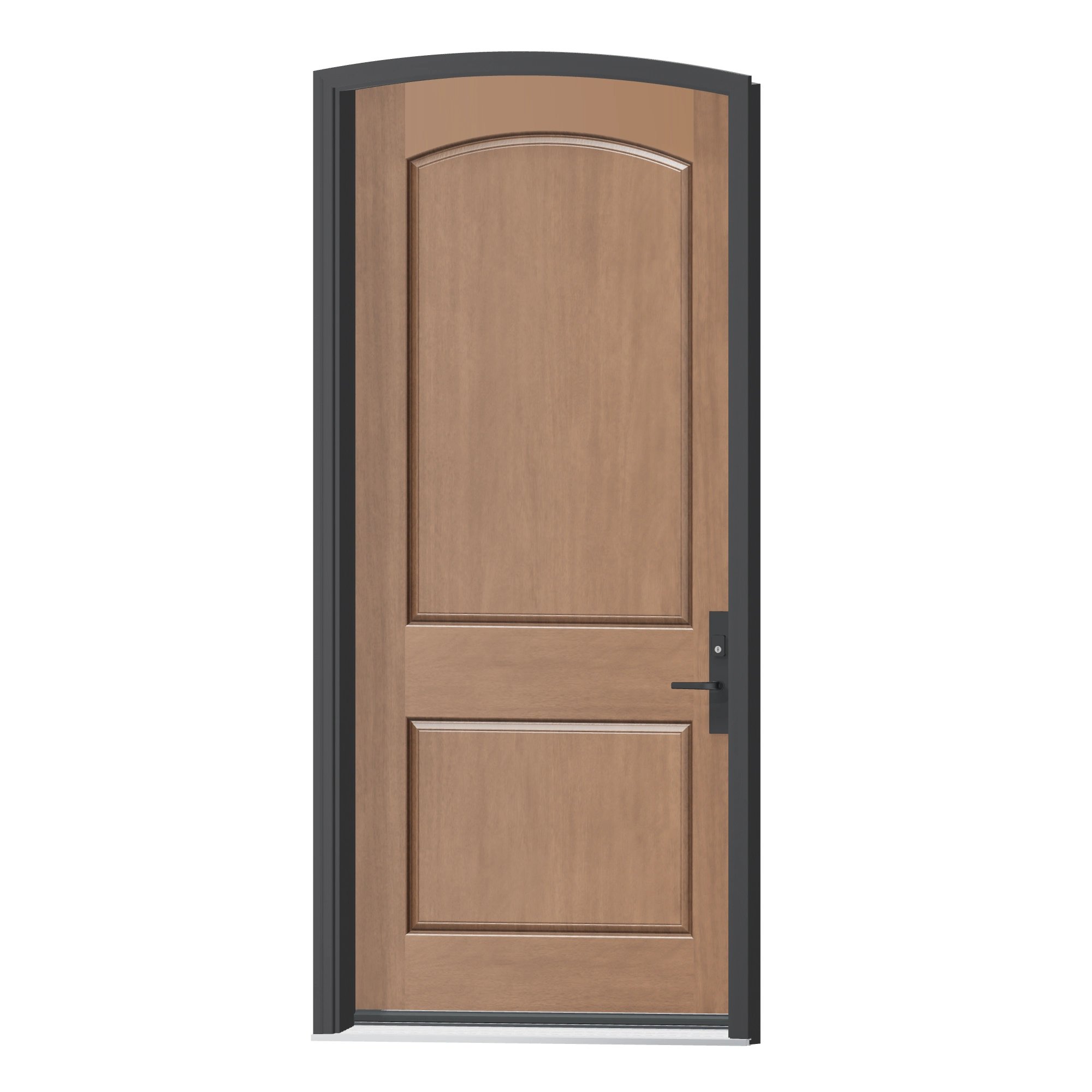 Angled exterior view of 42 × 95 inch Mennie Camber top · two panel arch Fiberglass Entry Door