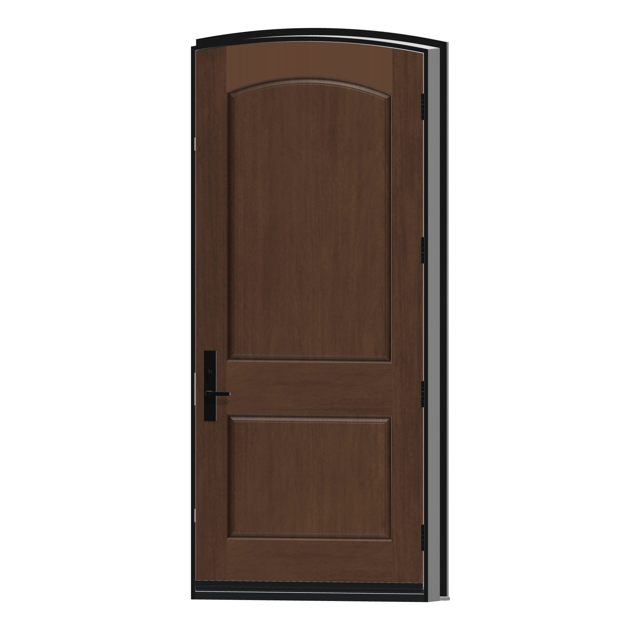 Angled interior view of 42 × 95 inch Mennie Camber top · two panel arch Fiberglass Entry Door