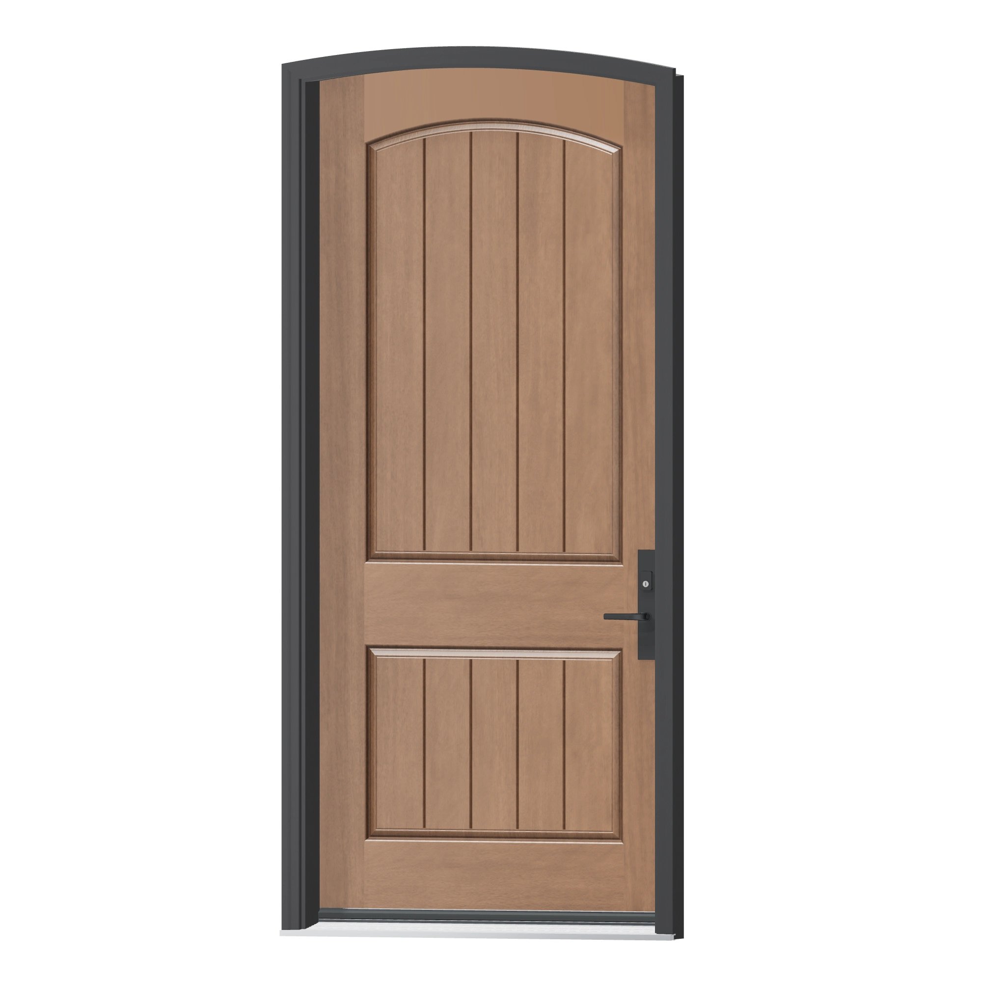 Angled exterior view of 42 × 95 inch Mennie Camber top · rustic arch plank Fiberglass Entry Door