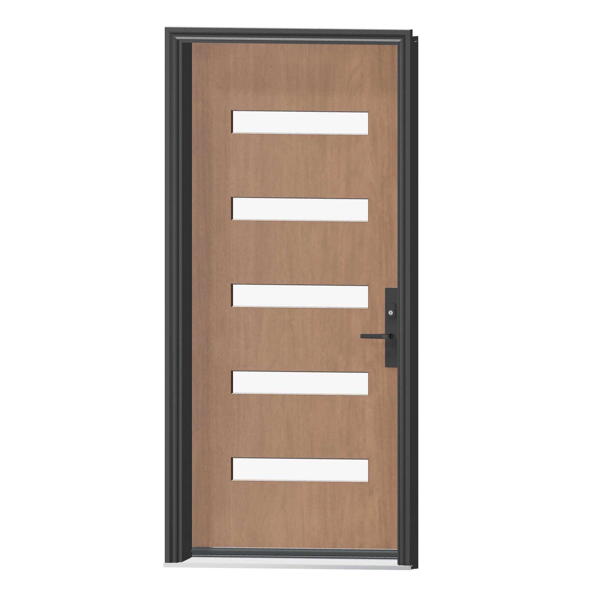 Angled exterior view of 36 × 79 inch Mennie Five sandblasted lites Fiberglass Entry Door