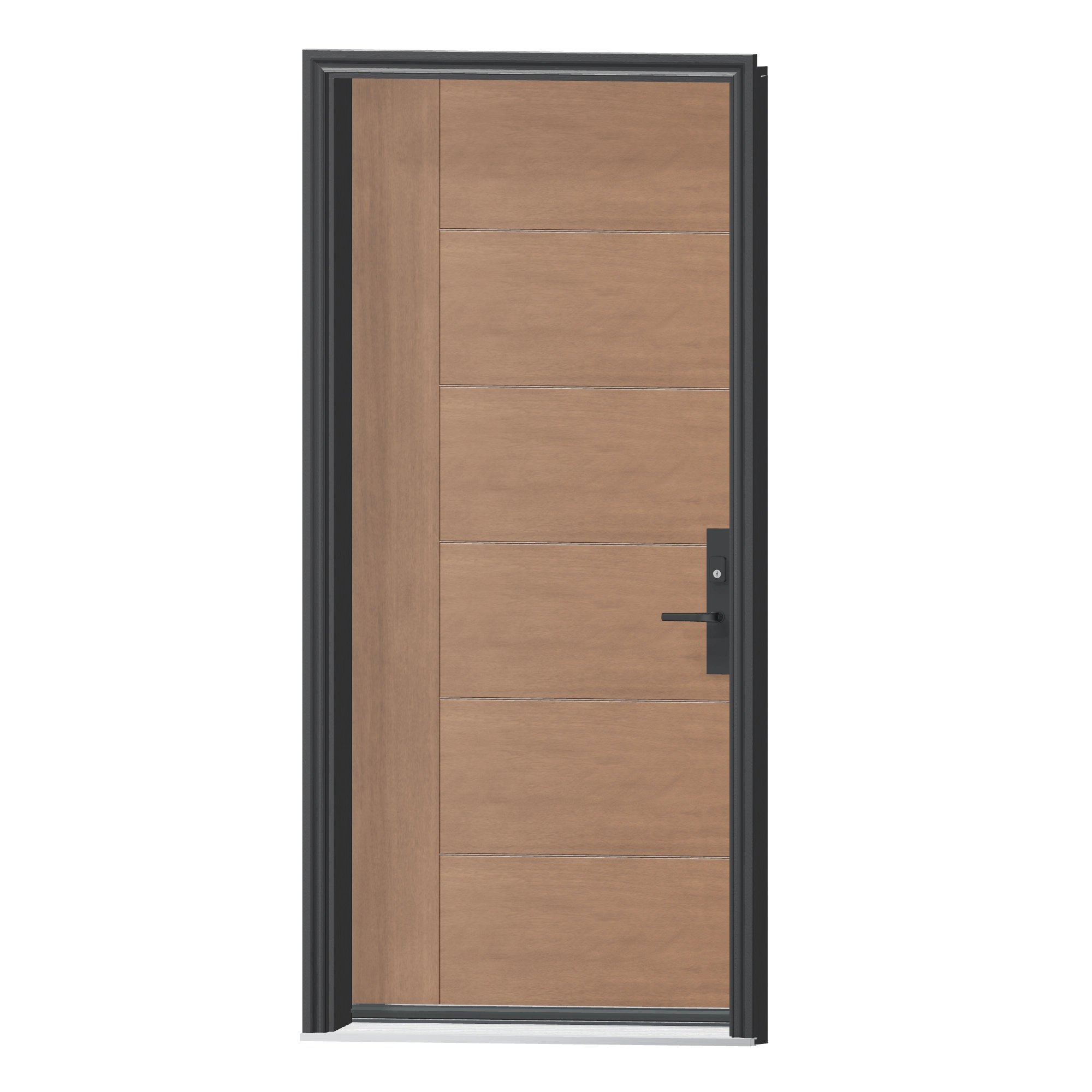Angled exterior view of 36 × 79 inch Mennie Horizontal planks with vertical stile Fiberglass Entry Door