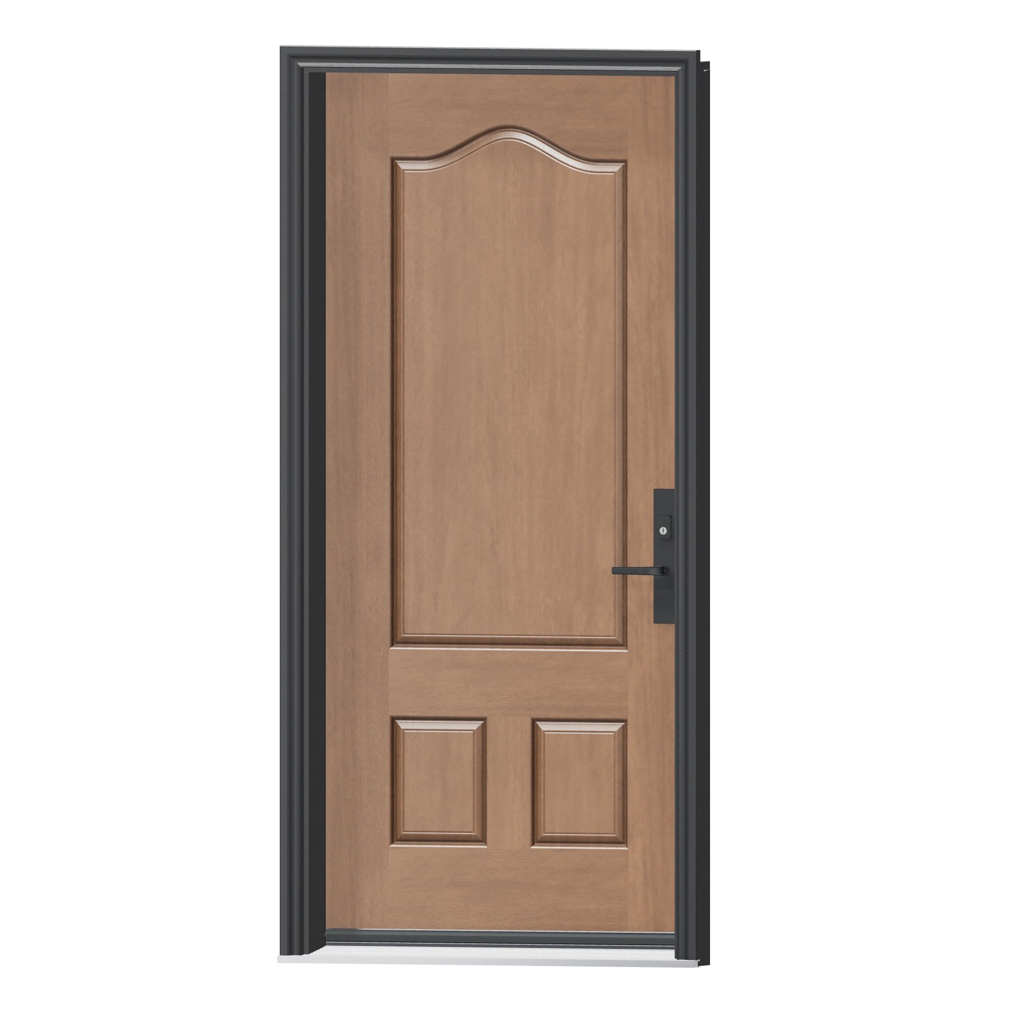 Angled exterior view of 36 × 79 inch Mennie Three panel arched Fiberglass Entry Door