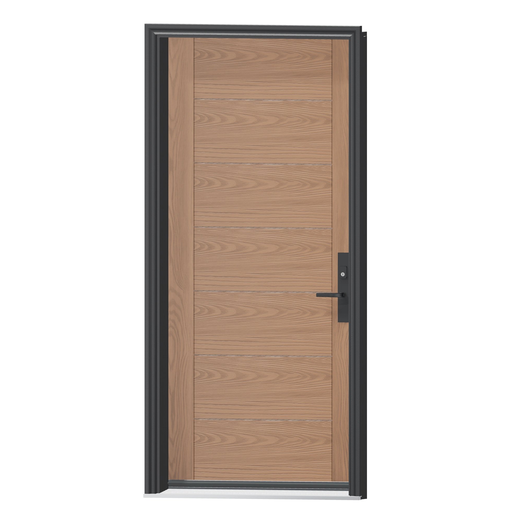Angled exterior view of 36 × 79 inch Mennie Contemporary horizontal panels Fiberglass Entry Door