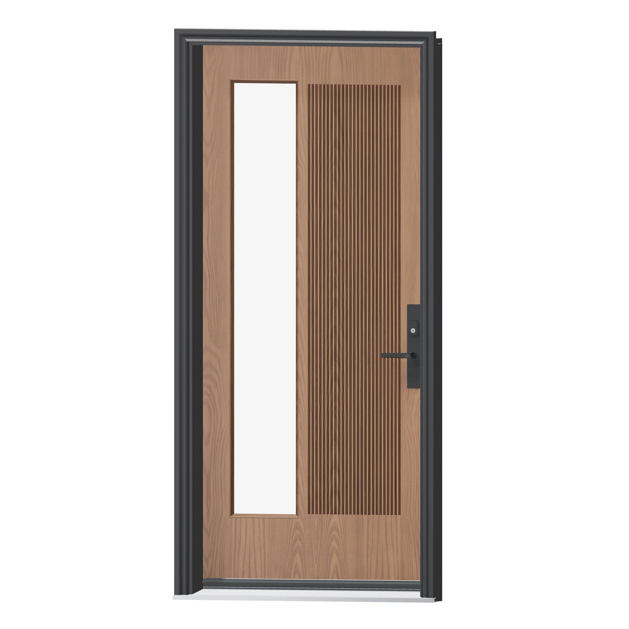 Angled exterior view of 36 × 79 inch Mennie Reeded panel · sandblasted lite Fiberglass Entry Door