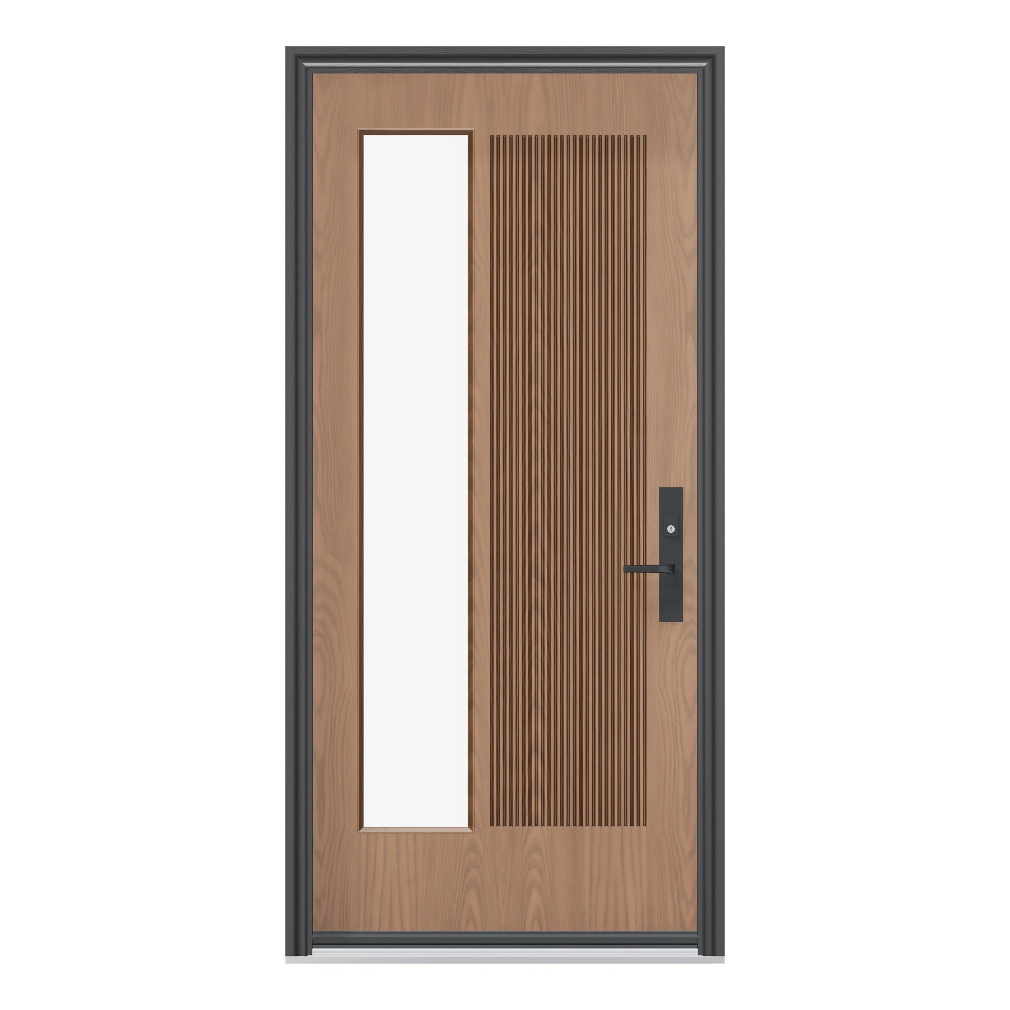 Straight exterior view of 36 × 79 inch Mennie Reeded panel · sandblasted lite Fiberglass Entry Door