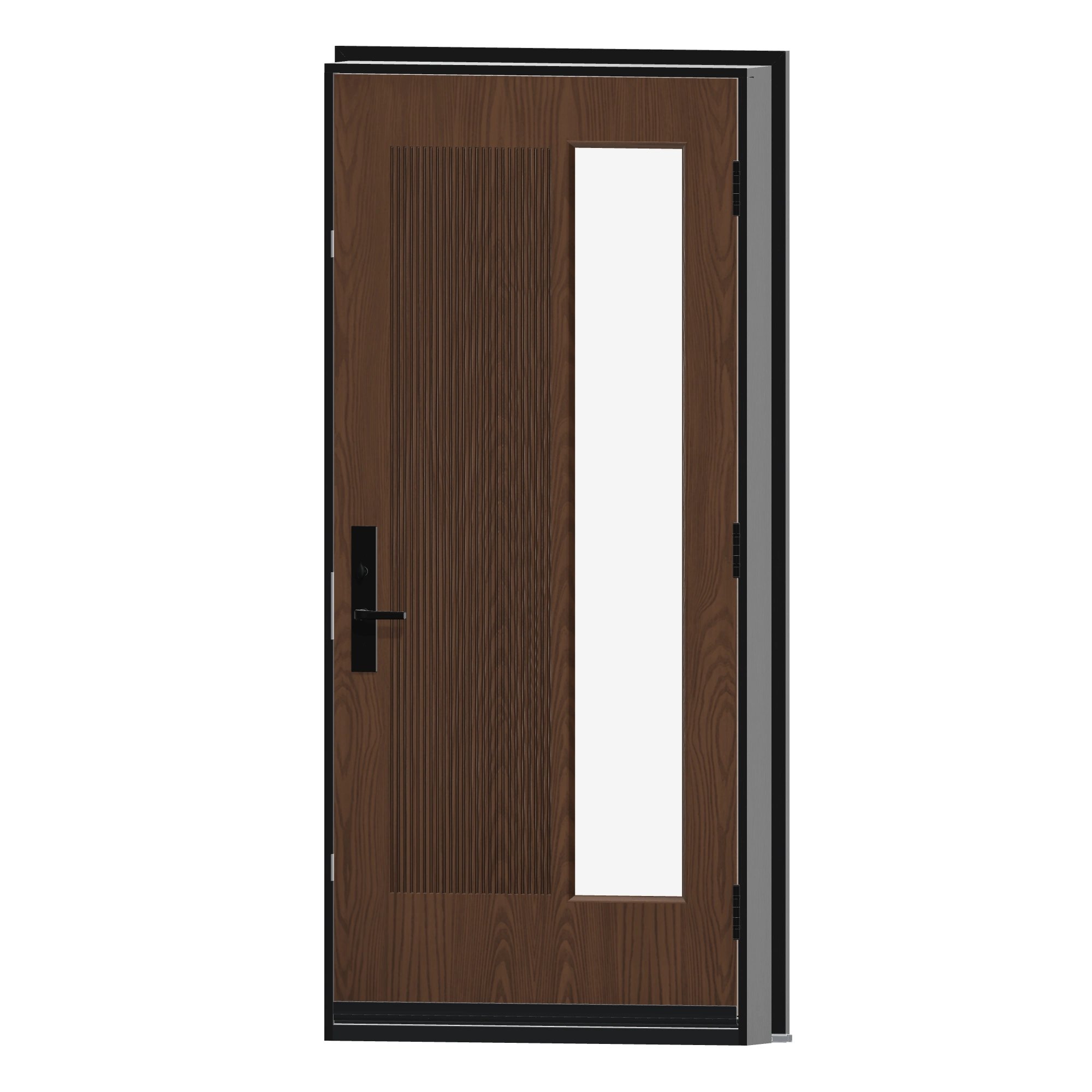 Angled interior view of 36 × 79 inch Mennie Reeded panel · sandblasted lite Fiberglass Entry Door