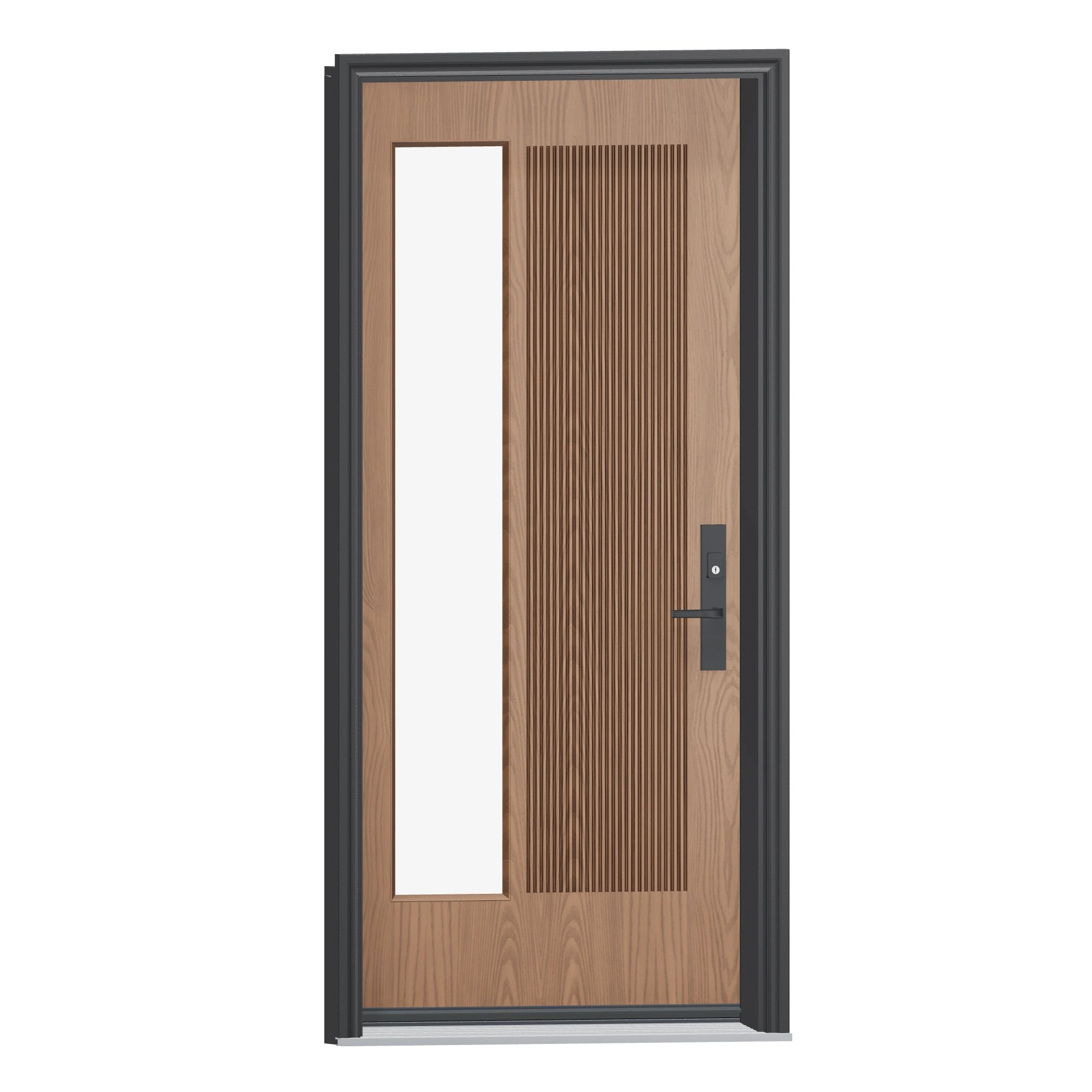 Opposite exterior angle of 36 × 79 inch Mennie Reeded panel · sandblasted lite Fiberglass Entry Door