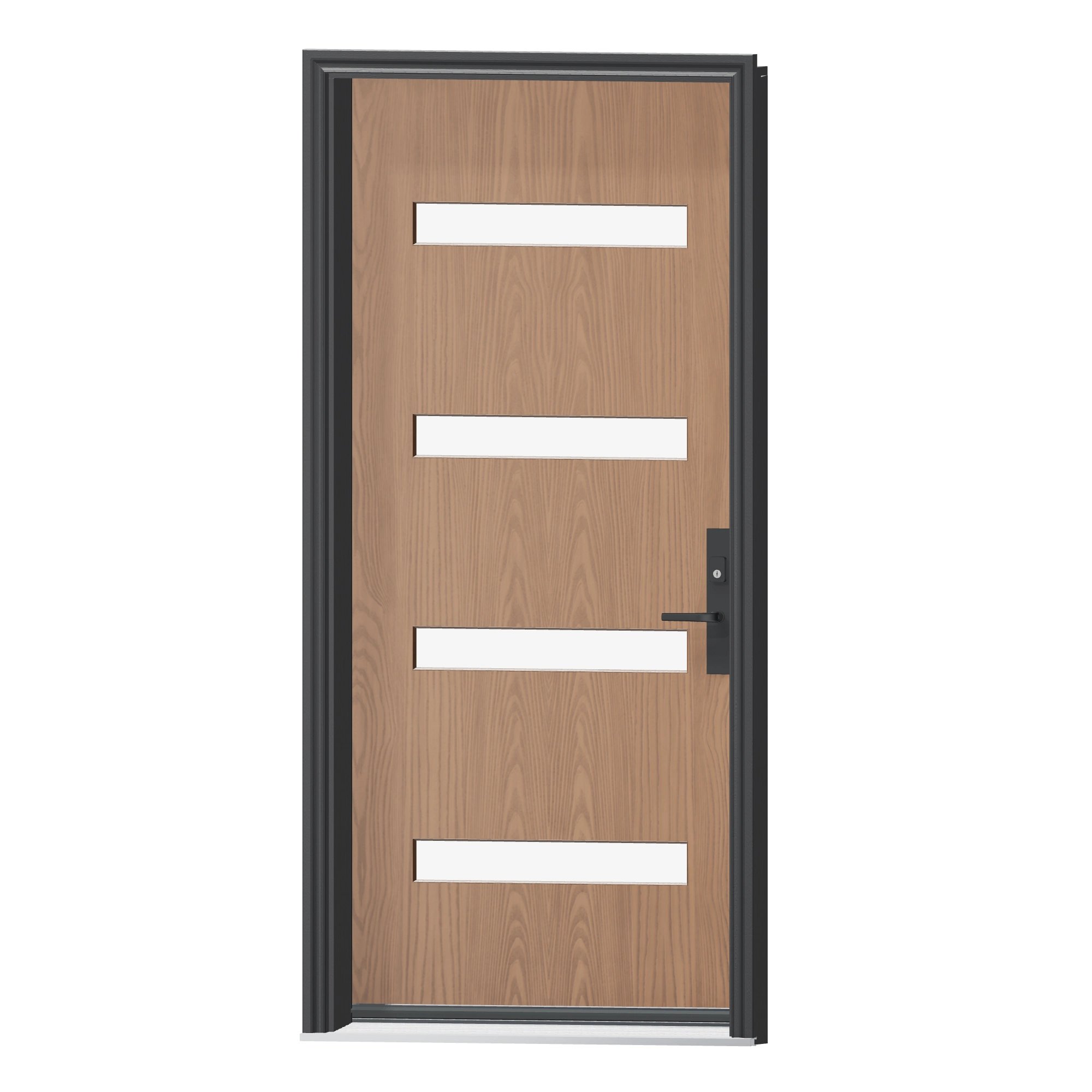 Angled exterior view of 36 × 79 inch Mennie Sydney · four sandblasted lites Fiberglass Entry Door