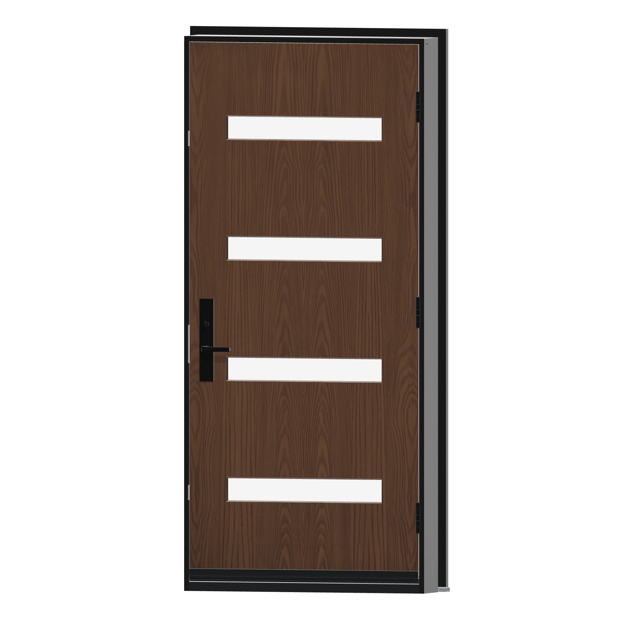 Angled interior view of 36 × 79 inch Mennie Sydney · four sandblasted lites Fiberglass Entry Door