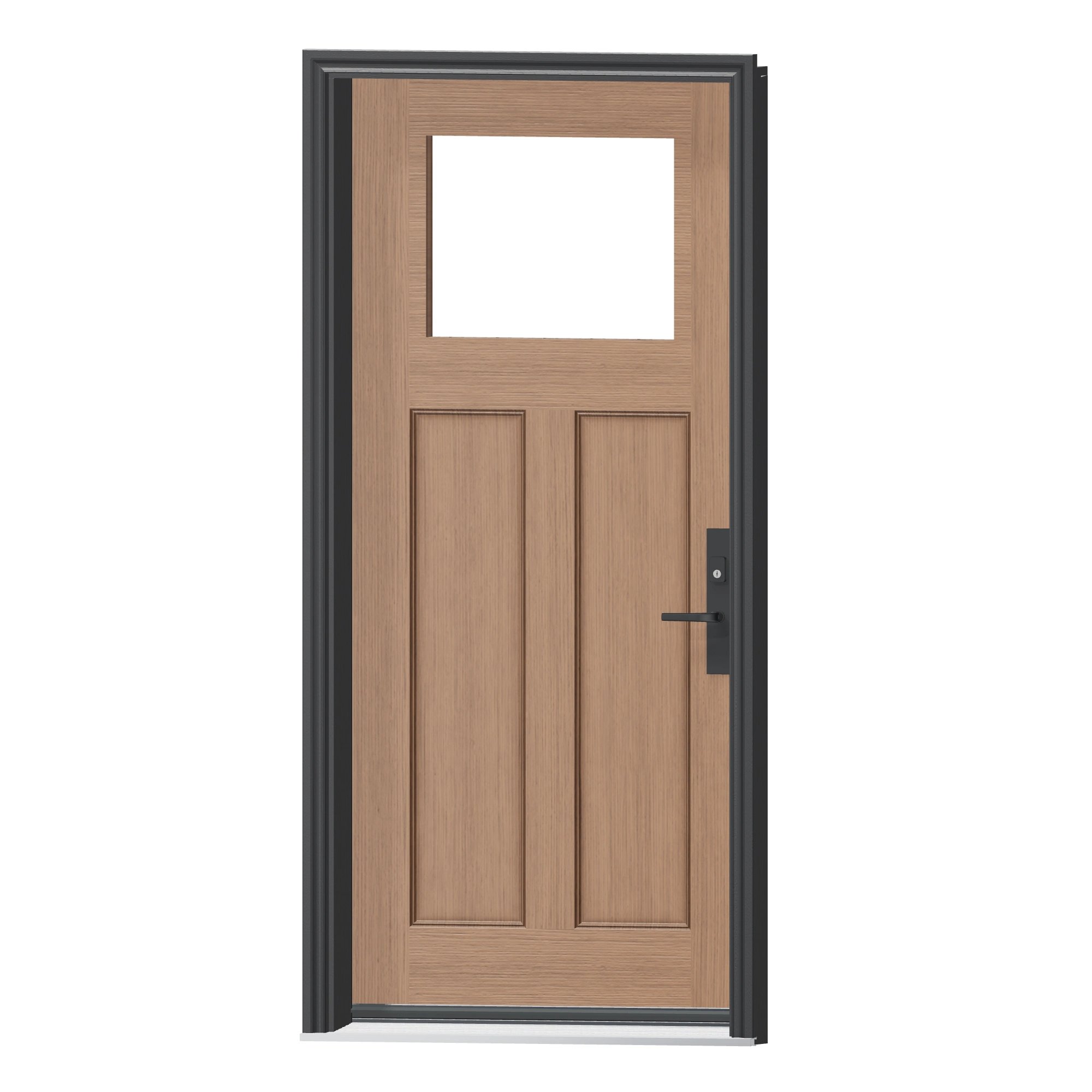 Angled exterior view of 36 × 79 inch FG3D · Fir Craftsman two panel · slab only Fiberglass Entry Door
