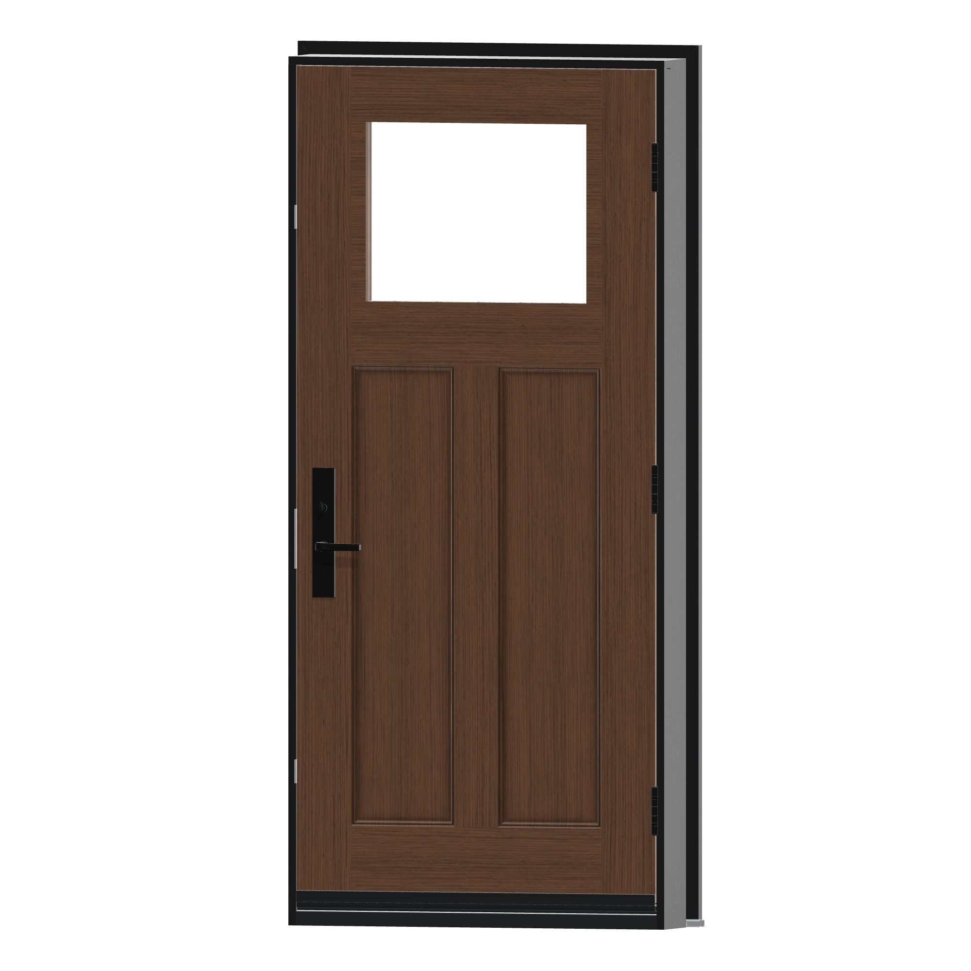Angled interior view of 36 × 79 inch FG3D · Fir Craftsman two panel · slab only Fiberglass Entry Door