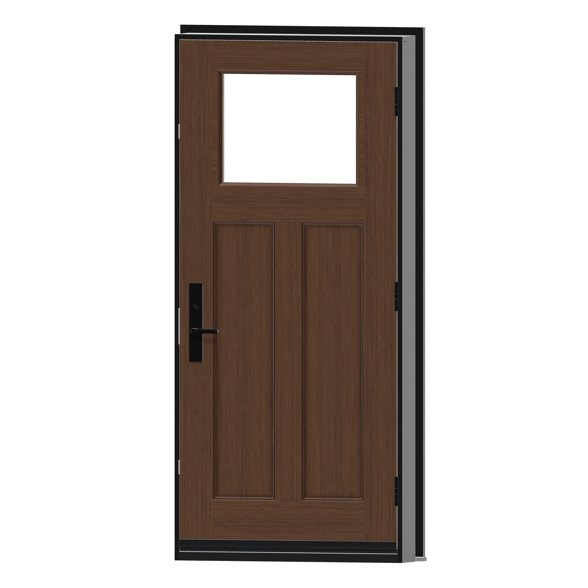 Angled interior view of 36 × 79 inch FG3D+F · Fir Craftsman two panel · frame included Fiberglass Entry Door
